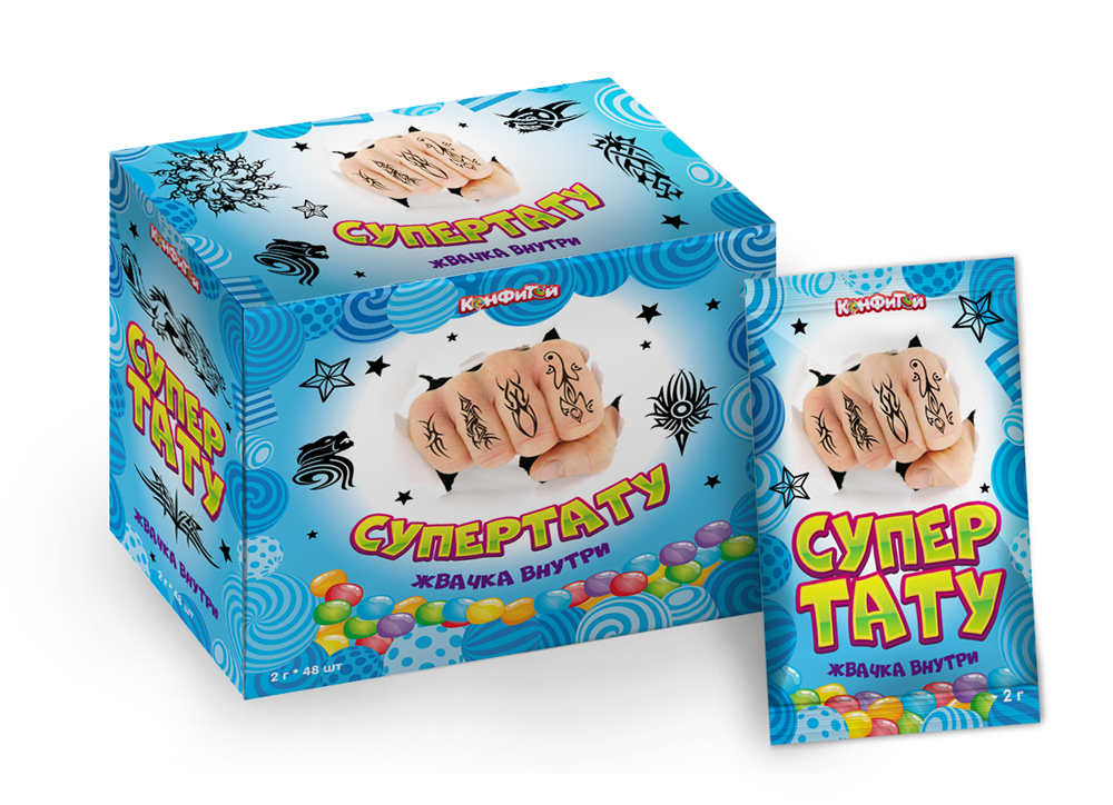 СУПЕРТАТУ жевательная резинка с тату, блок 48 шт. (2г х 48 х 12)