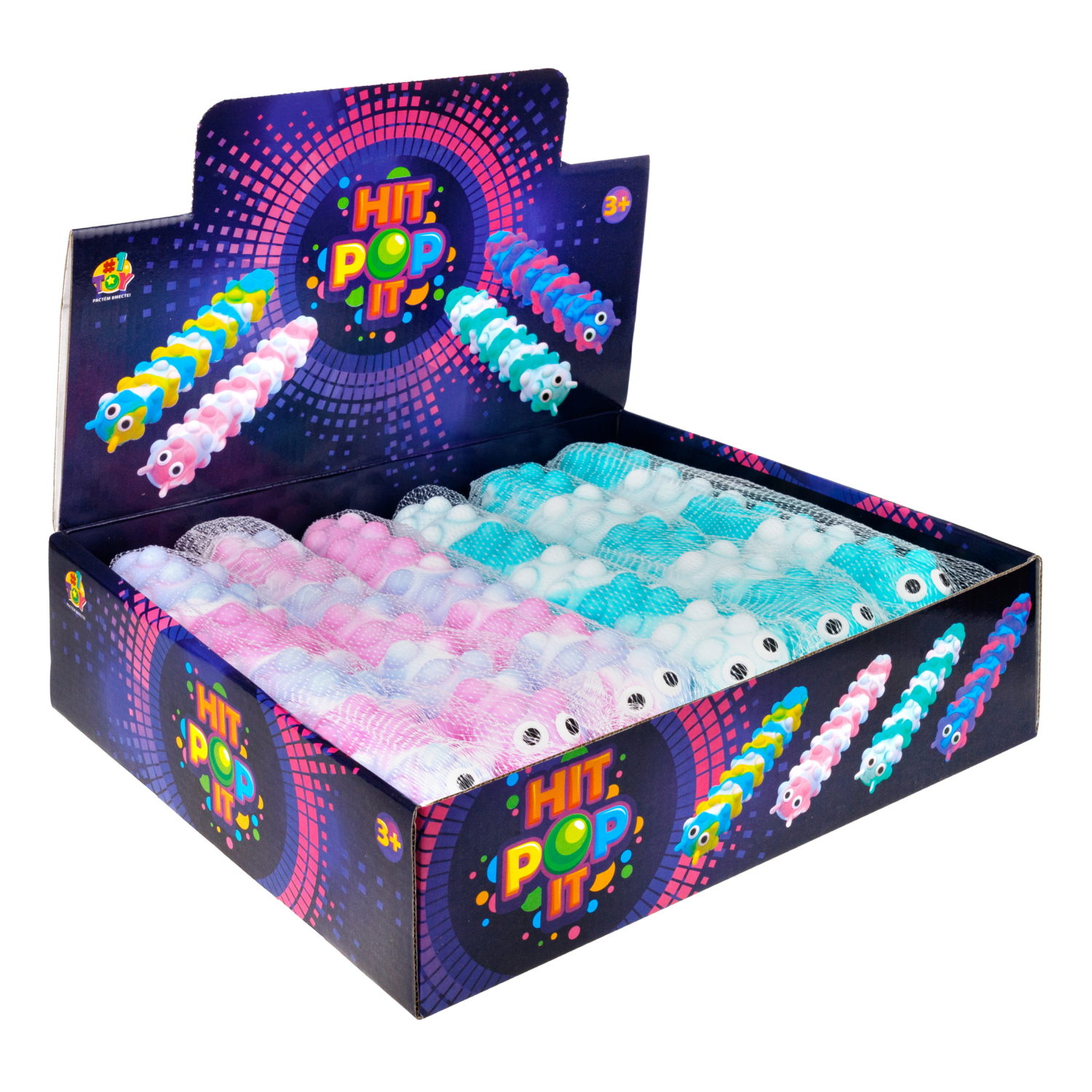 1toy Жмяка Hit Pop It "Гусеница" на присосках 26,5х4,8х3,8 см, 4 вида, 12 шт. в д/б