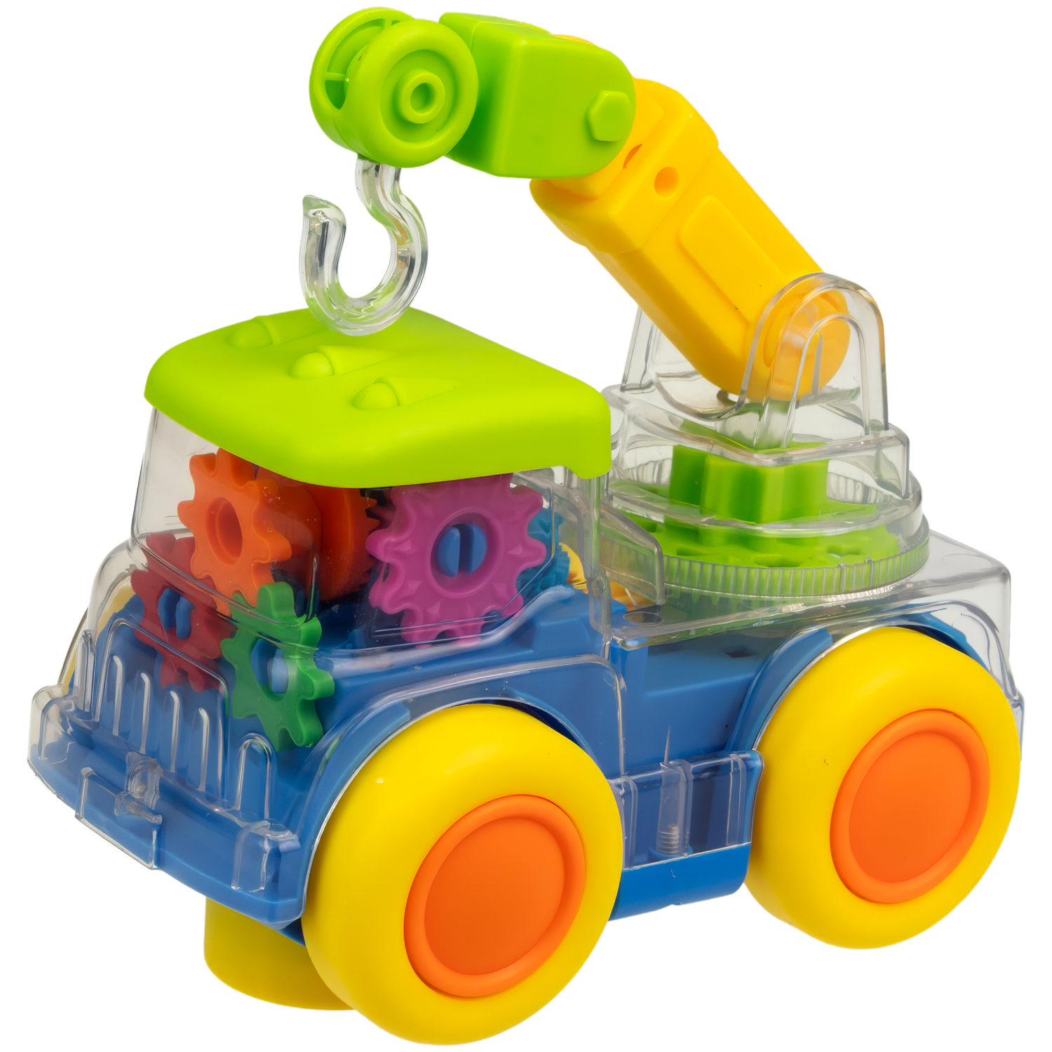 Машинка 1TOY Движок «Автокран», спецтехника, прозрачная с шестеренками, со светом и звуком, 1 шт.