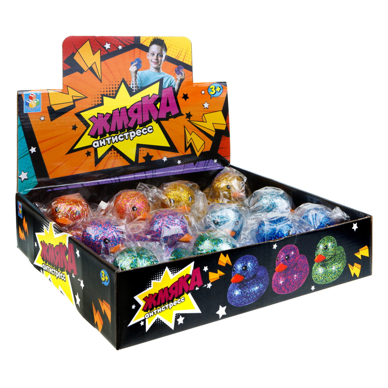 1toy Жмяка-антистресс "Уточка" с блёстками 8х7,2х6,5 см, 6 видов в асс., 12 шт. в д/б