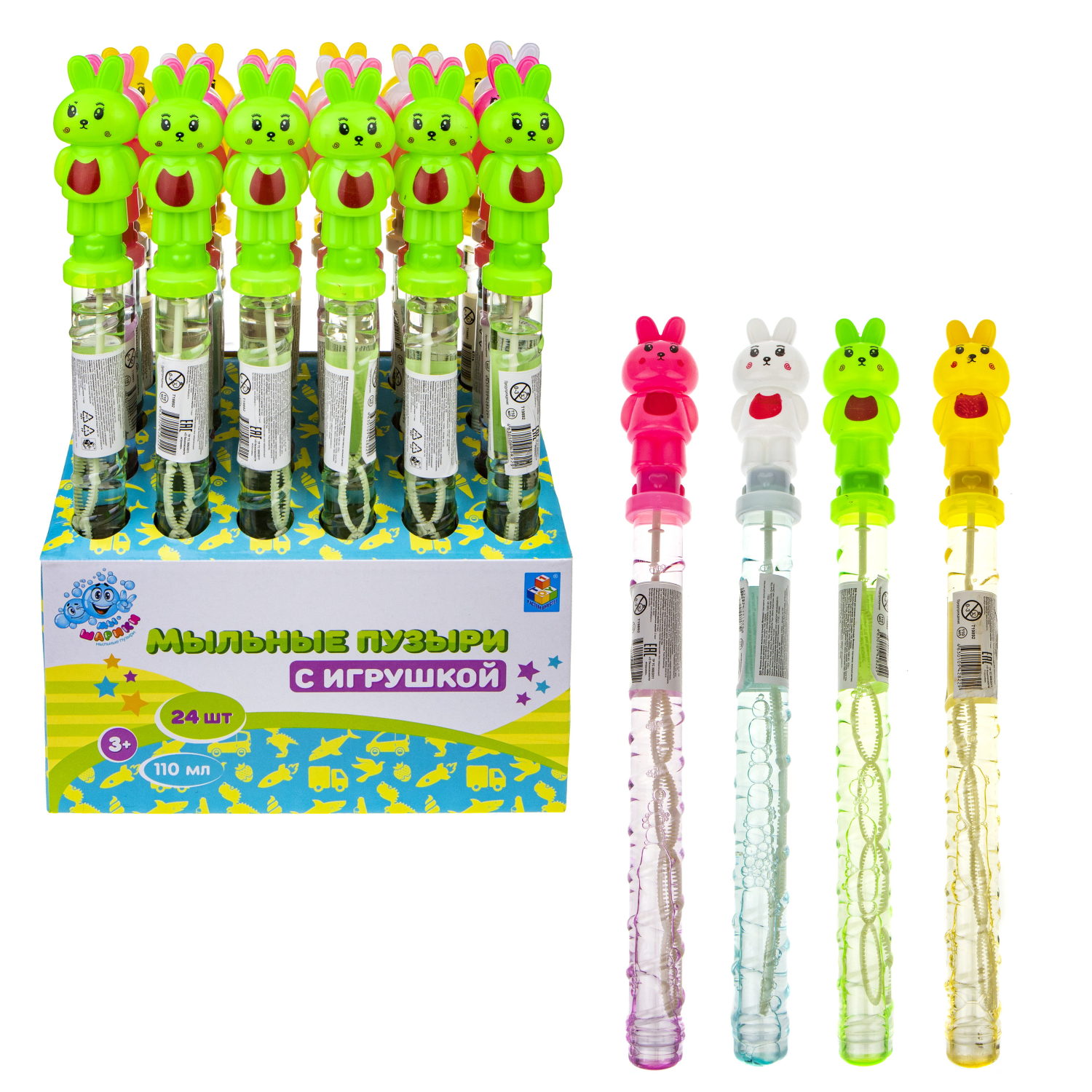 Мыльные пузыри с игрушкой 1TOY Мы-шарики! Кролик, 110 мл, 4 цвета в ассортименте