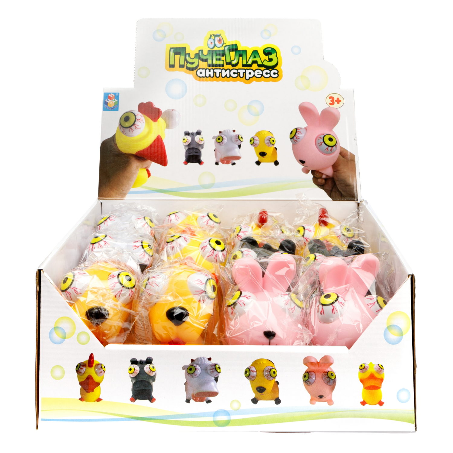 1toy Пучеглаз-антистресс "Животные" 8,4х7,6х9,6см, 6 видов в асс., 12 шт. в д/б