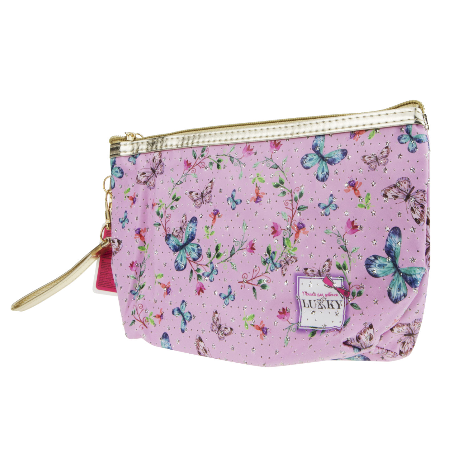 Косметичка LUKKY розовая с принтом и блёстками, 24х7 см