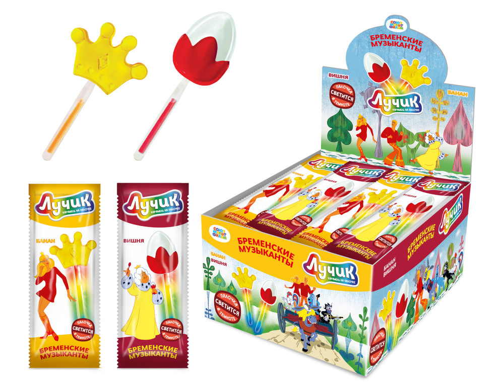 ЛУЧИК Бременские музыканты карамель на светящейся палочке, блок 30 шт. (10г х 30 х 24)