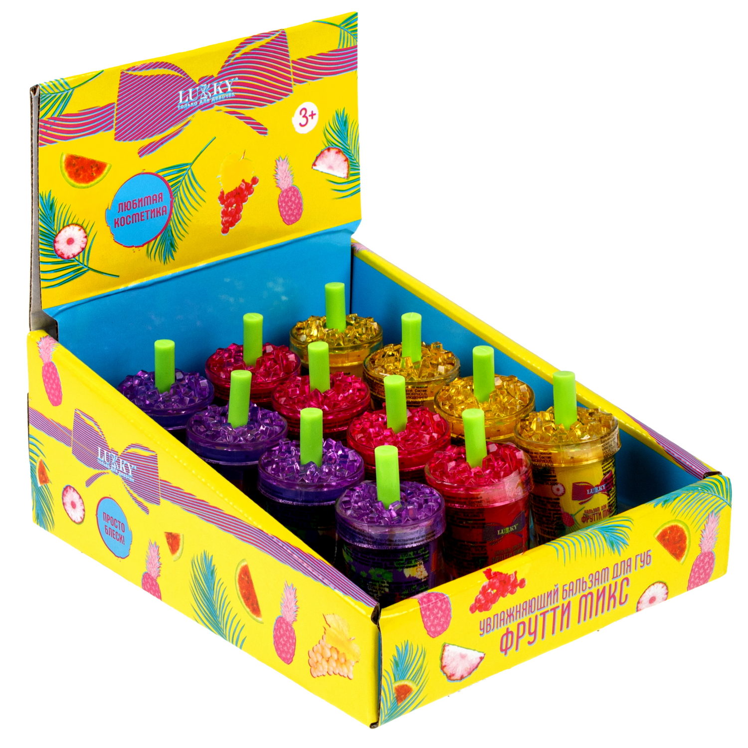 Lukky Фрутти Микс,бальзам д.губ увлажняющий,3,8г,12 шт дисплей бокс, 3 цвета в ассортименте