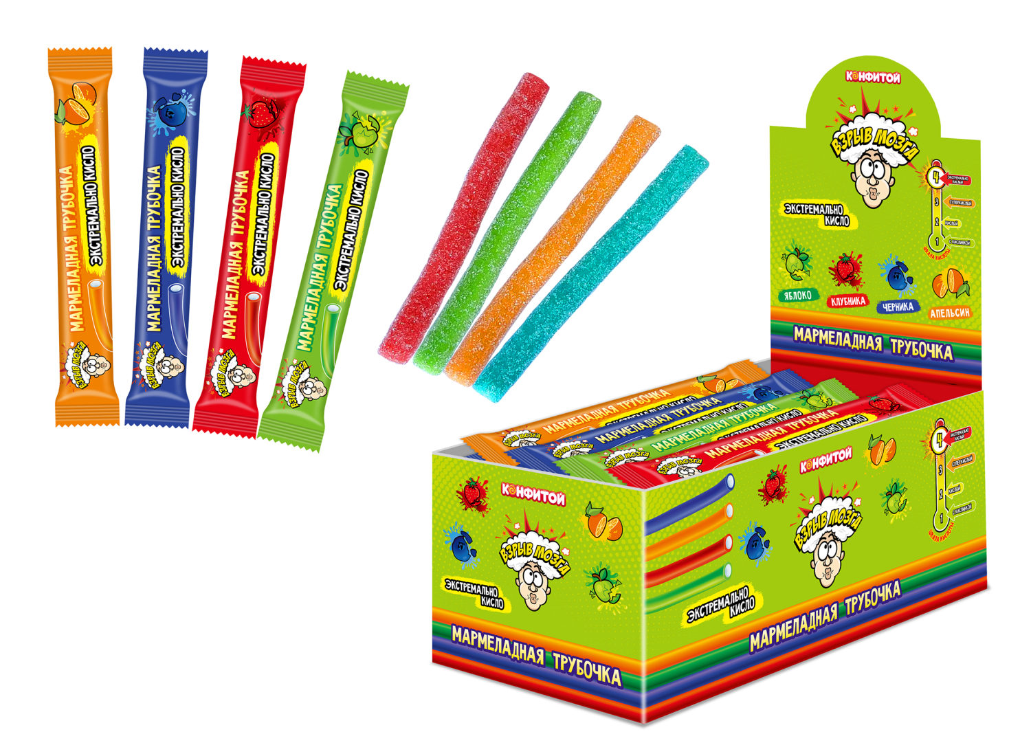 ВЗРЫВ МОЗГА мармеладная трубочка в кислой обсыпке с кислой пудрой внутри, блок 30 шт. (15г х 30 х 16) штучный