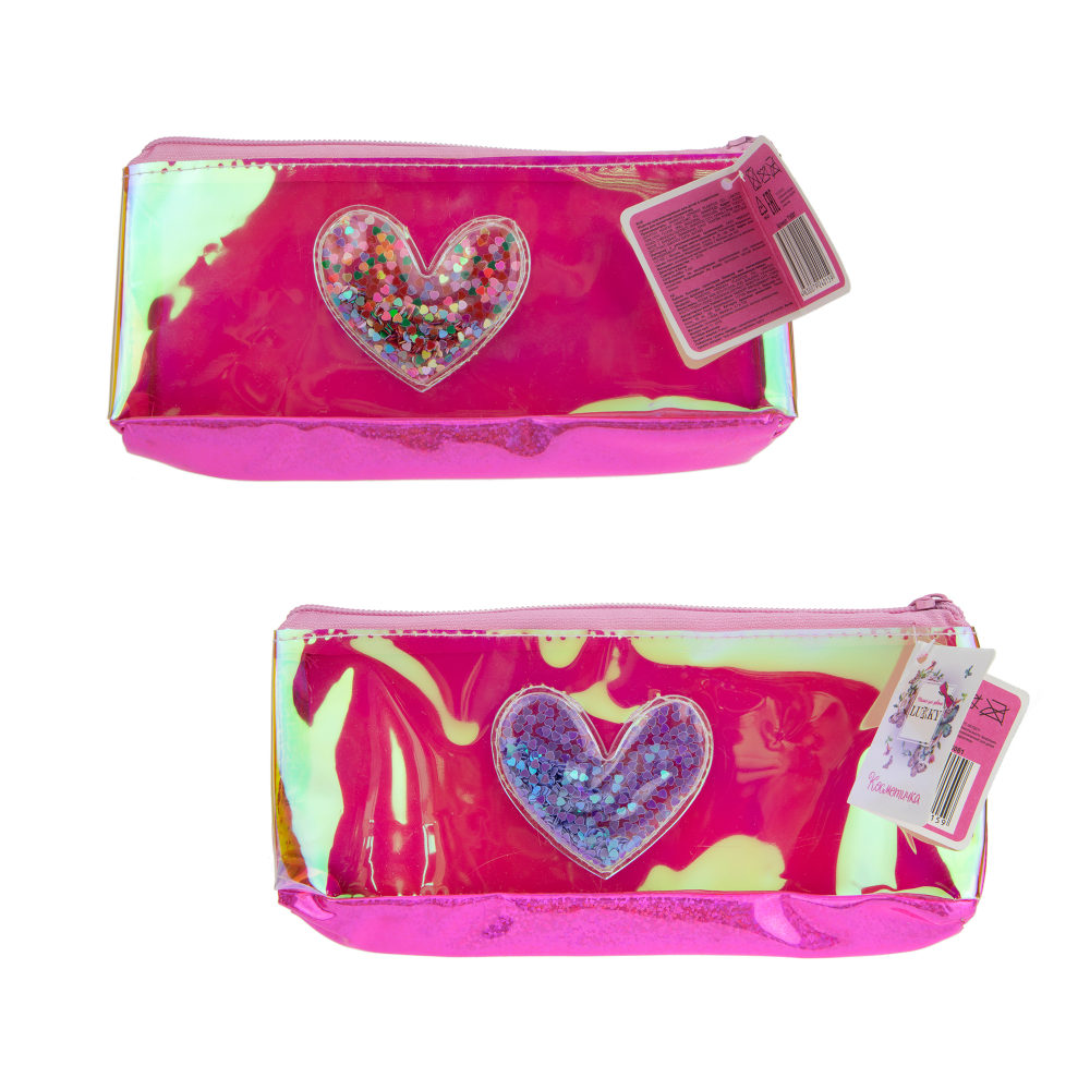 Пенал школьный, косметичка LUKKY для девочек, девушек, голографическая, с аппликацией сердца, 21х10 см