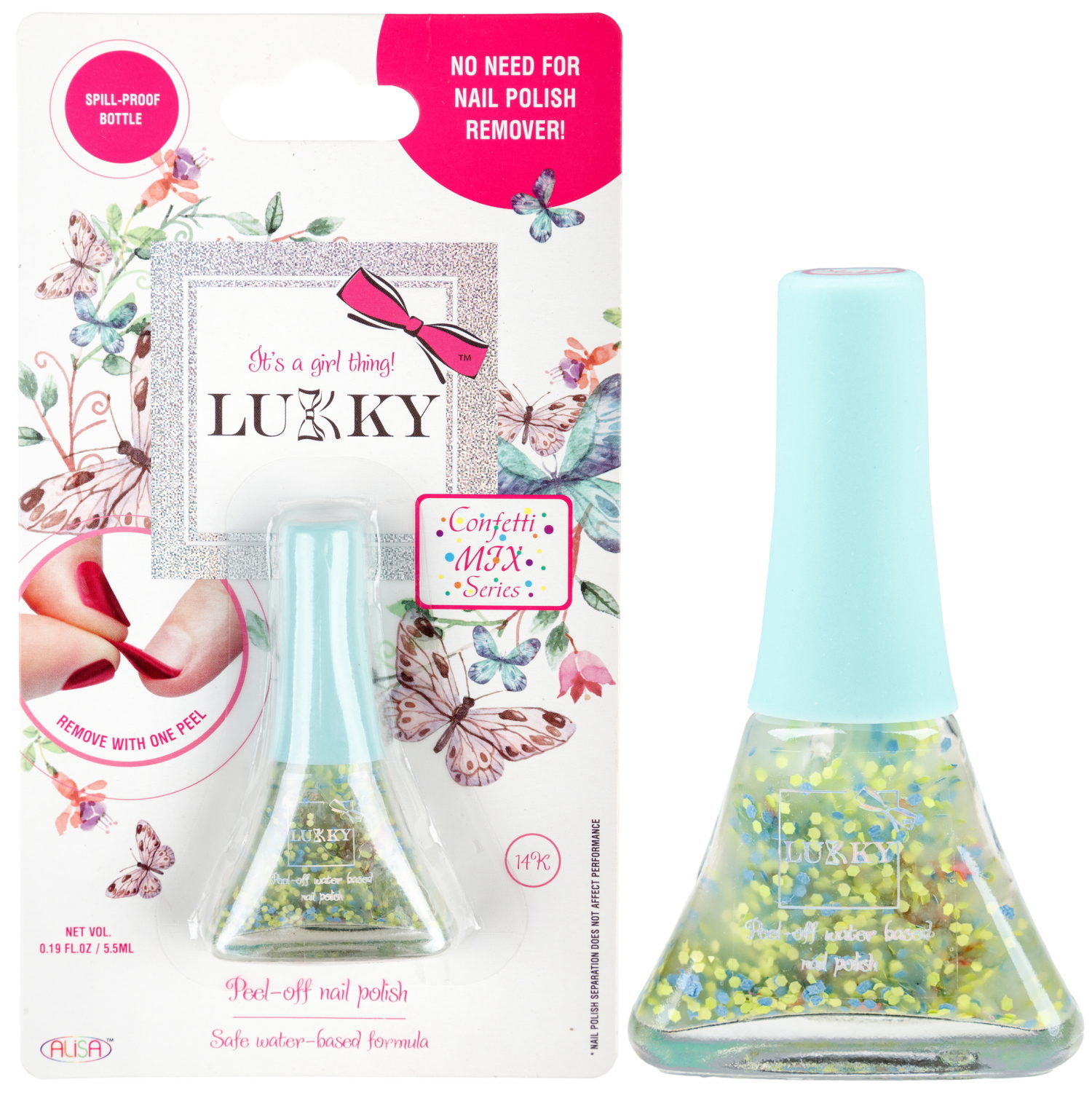 Детский лак для ногтей на водной основе с блестками Lukky, Конфетти-Микс, безопасный, микс голобой, золотистый со звёздочками, блистер, 5,5 мл