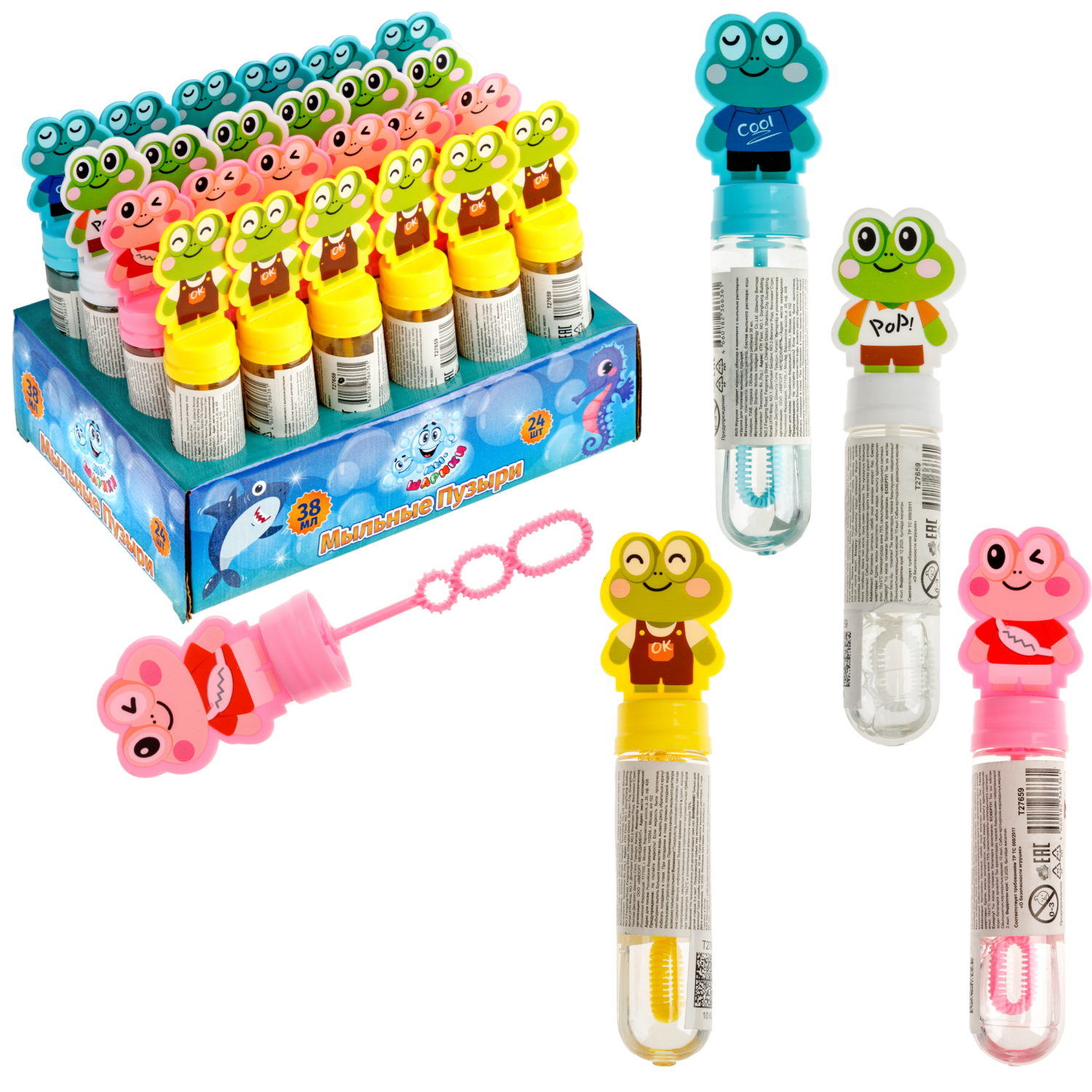 1toy Мы-шарики! мыл. пузыри колба с кругляшом лягушата, 38 мл, 24 шт в д/б