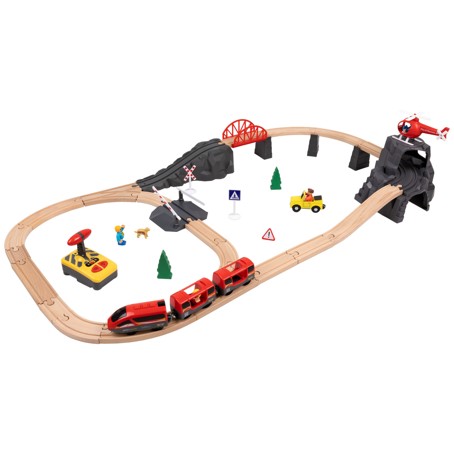 Деревянная железная дорога 1TOY GOODOK с электропоездом на пульте управления, 49 элементов