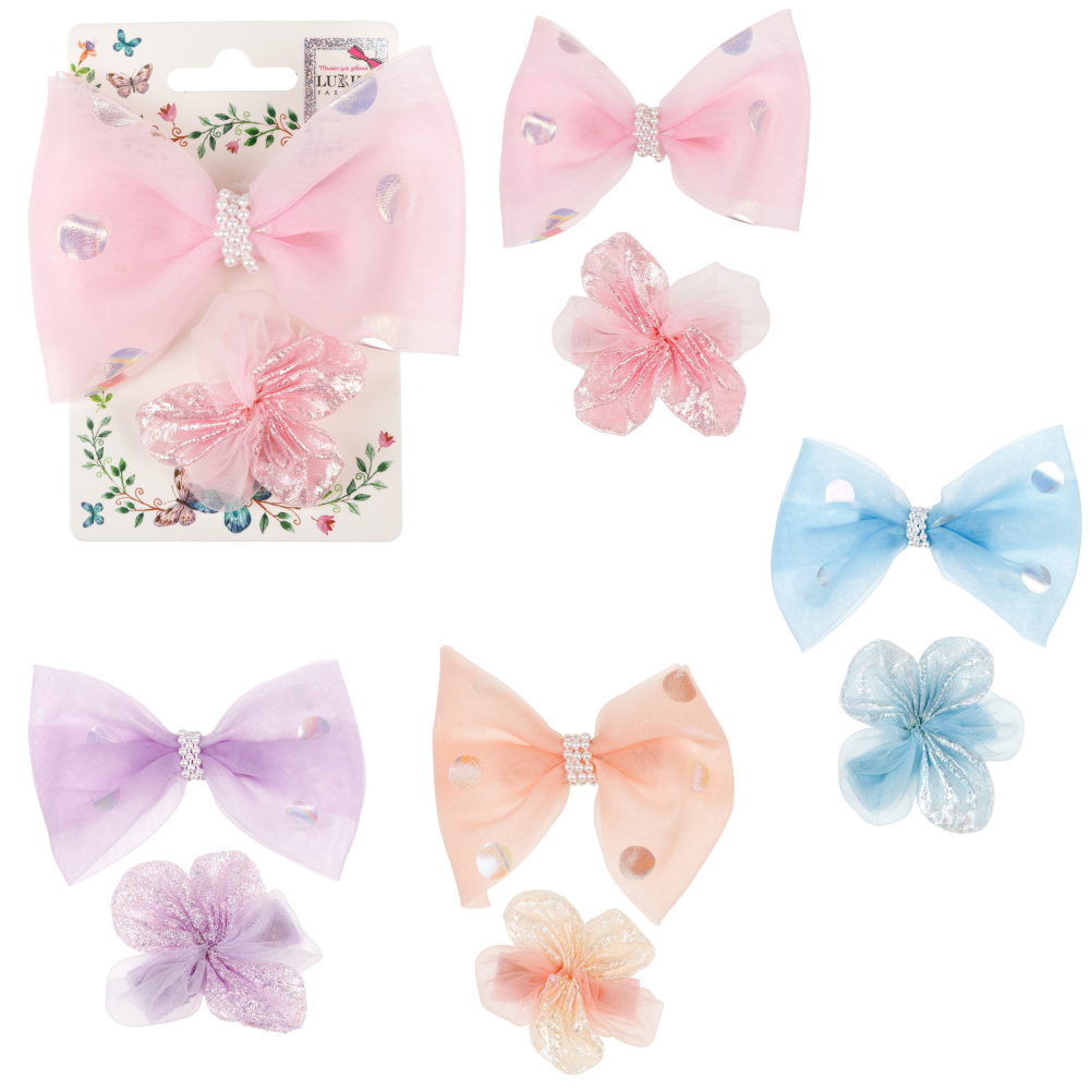 Lukky Fashion набор из 2 заколок-зажимов д.волос Бантик и Цветок Шифон и Шёлк,4 цв.микс