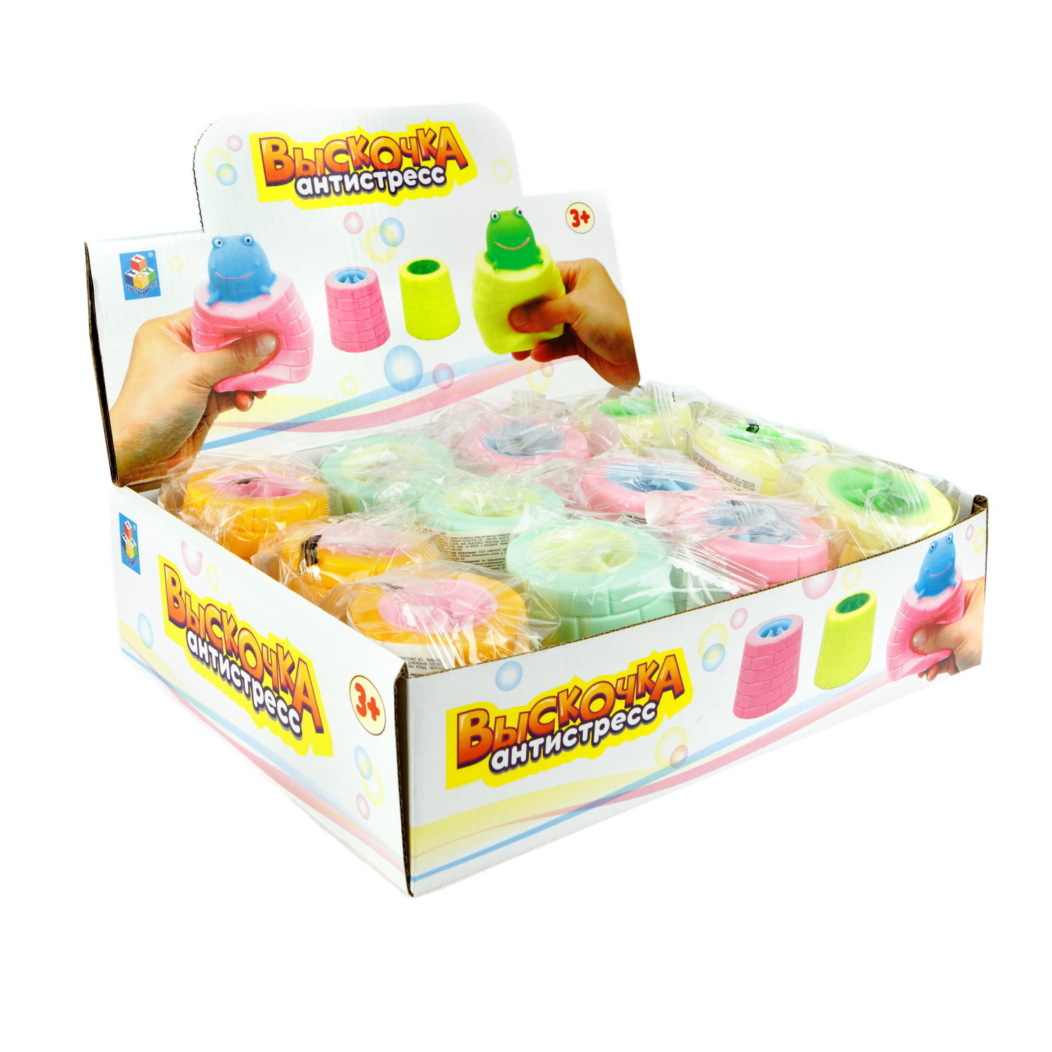 1Toy Жмяка "Выскочка. Лягушка" 6х6х6 см, 4 вида в асс., 12 шт. в д/б