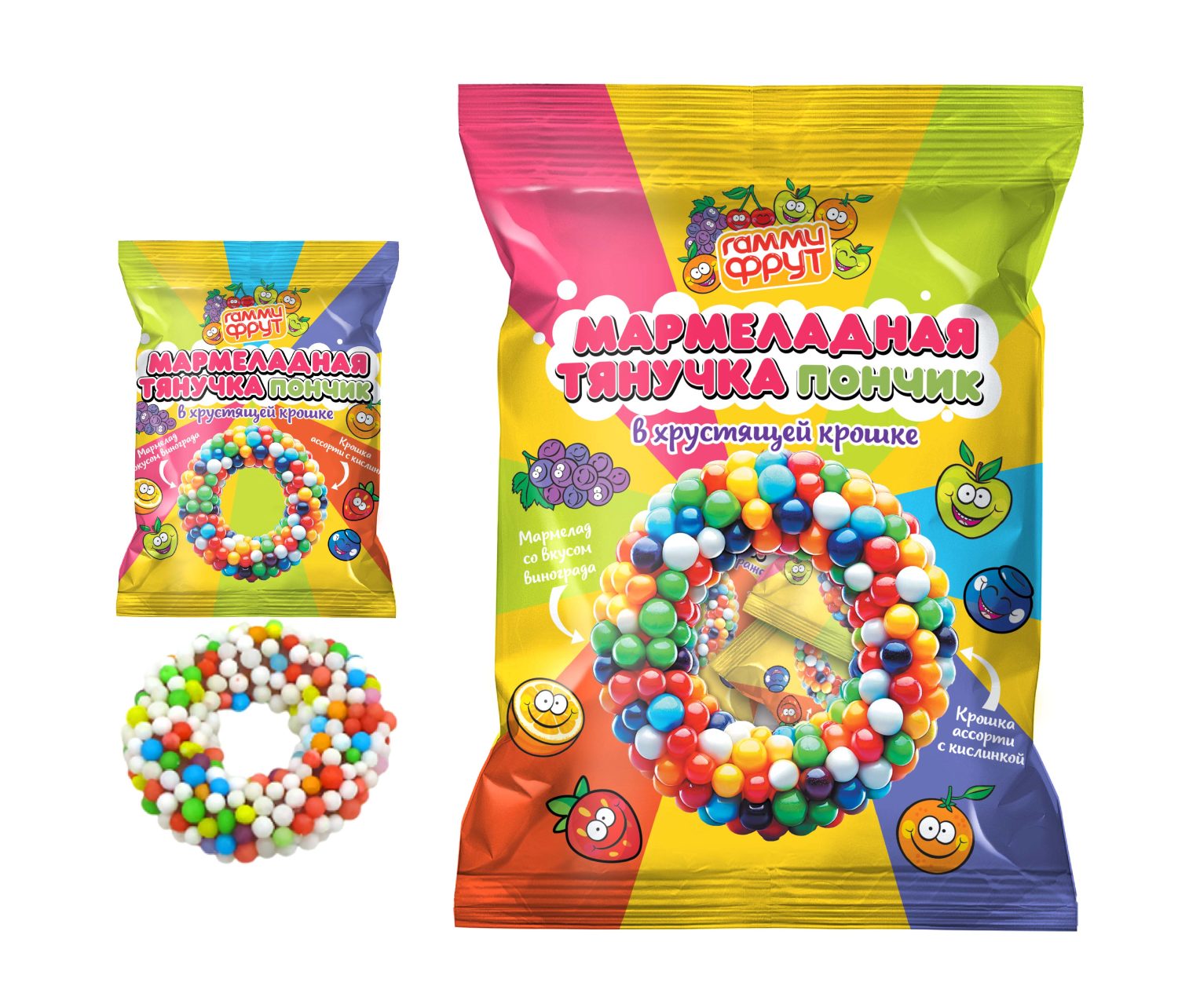 ГАММИ ФРУТ Пончик мармеладная тянучка в посыпке из драже, блок 60 шт. (5,5г х 60 х 20)