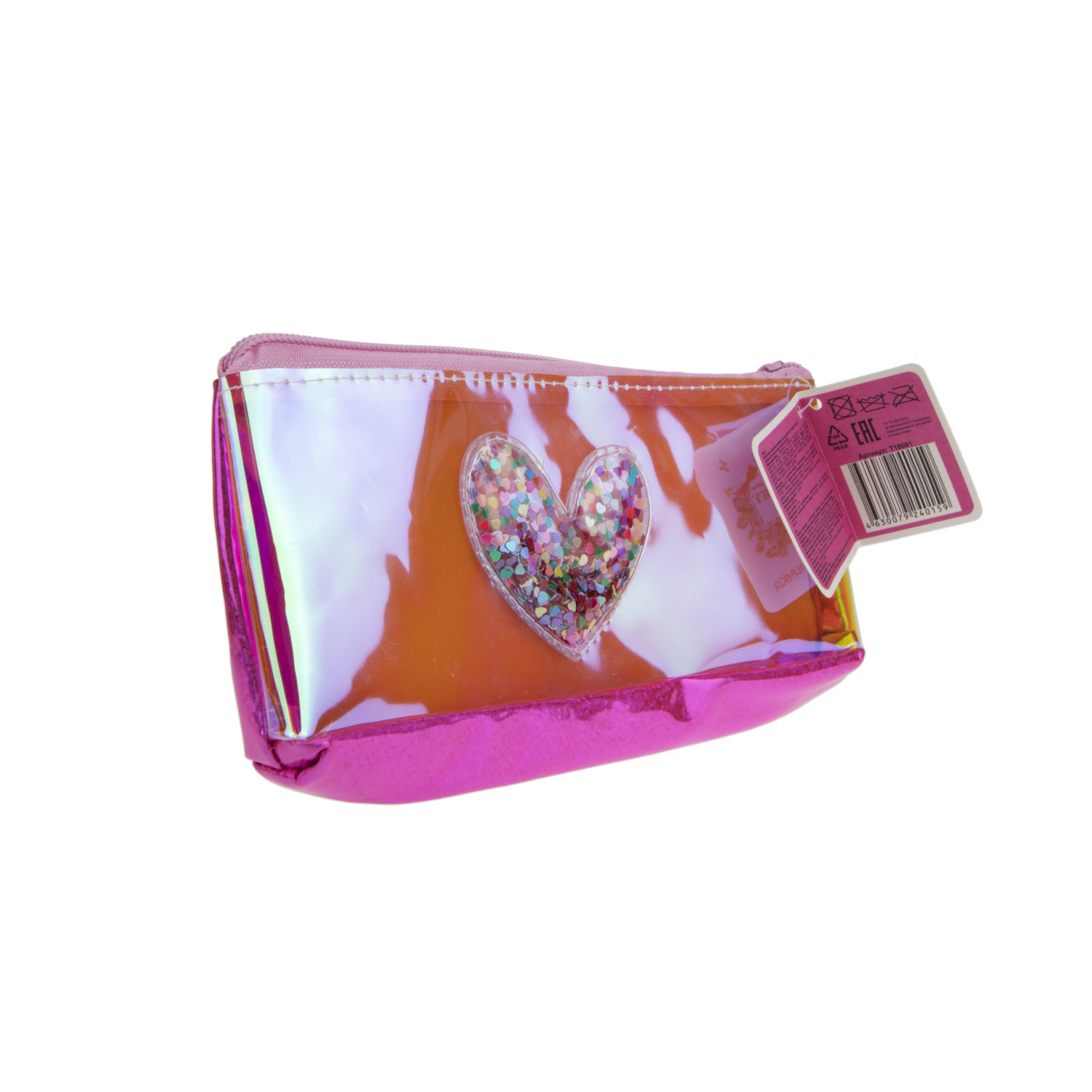 Пенал школьный, косметичка LUKKY для девочек, девушек, голографическая, с аппликацией сердца, 21х10 см
