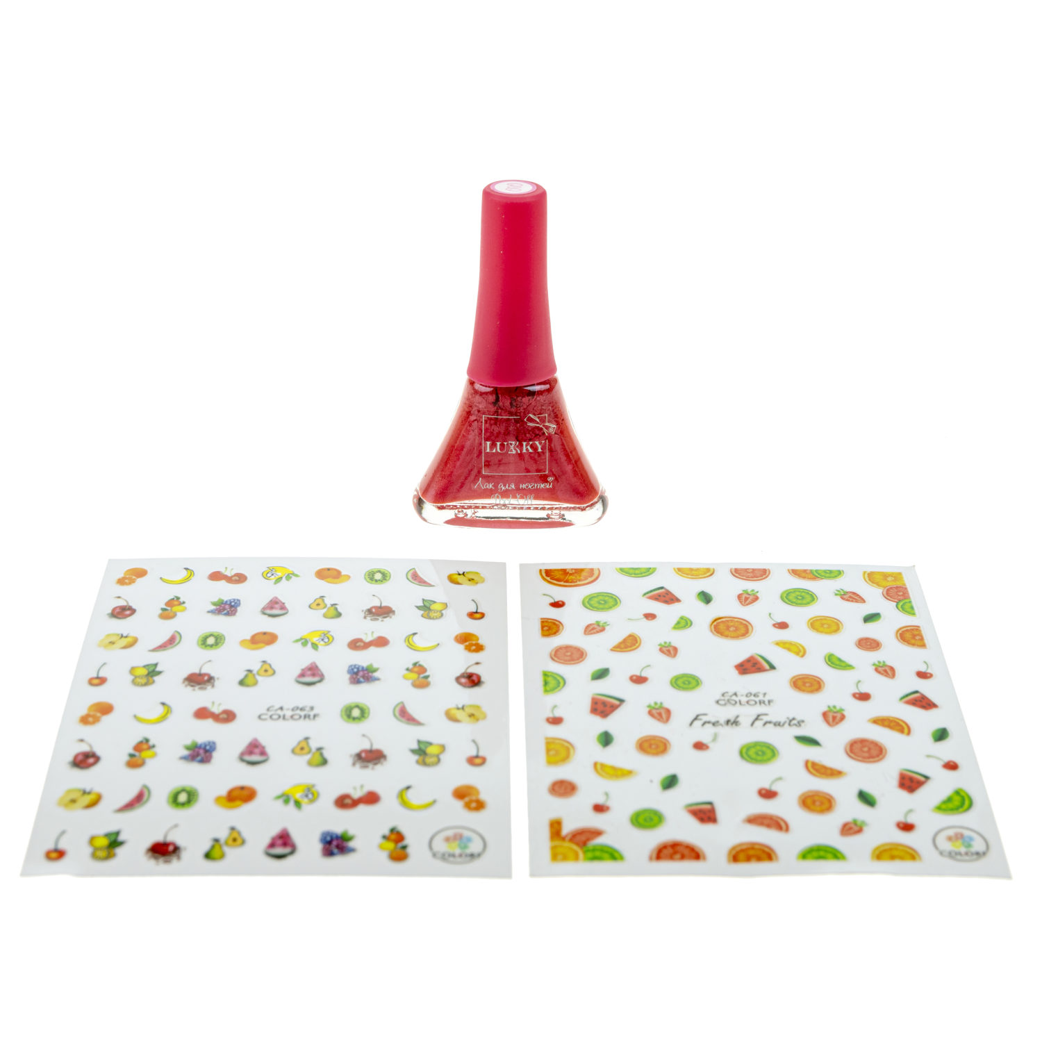 Набор для маникюра детский LUKKY Нэйл-Дизайн 2 Фруктики: лак для ногтей розовый перламутр и наклейки