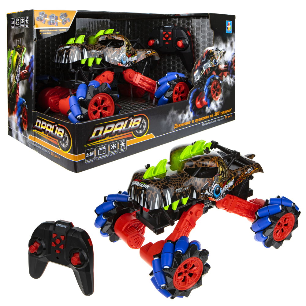 Машинка на пульте управления 1TOY Драйв, Монстр-трак Динозавр, коричнево-салатовый