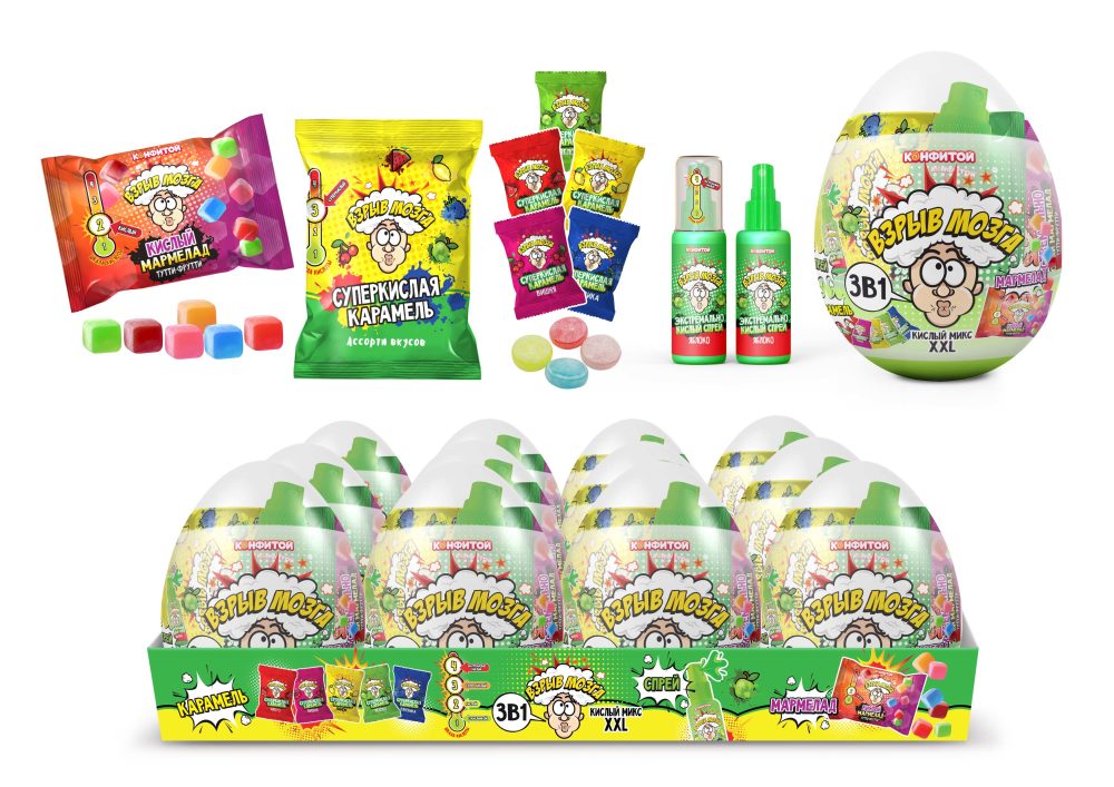 ВЗРЫВ МОЗГА Кислый микс в яйце XXL (карамель, мармелад, спрей), блок 12 шт. (120г х 12 х 4)