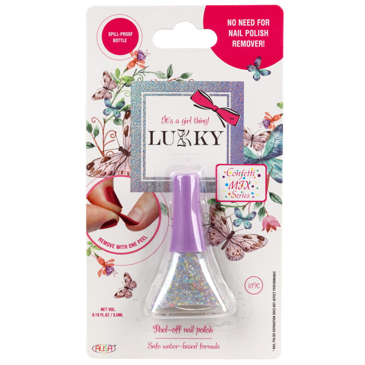 Детский лак для ногтей на водной основе с блестками Lukky, Конфетти-Микс, безопасный, сиренево-голубой микс со звёздочками, блистер, 5,5 мл