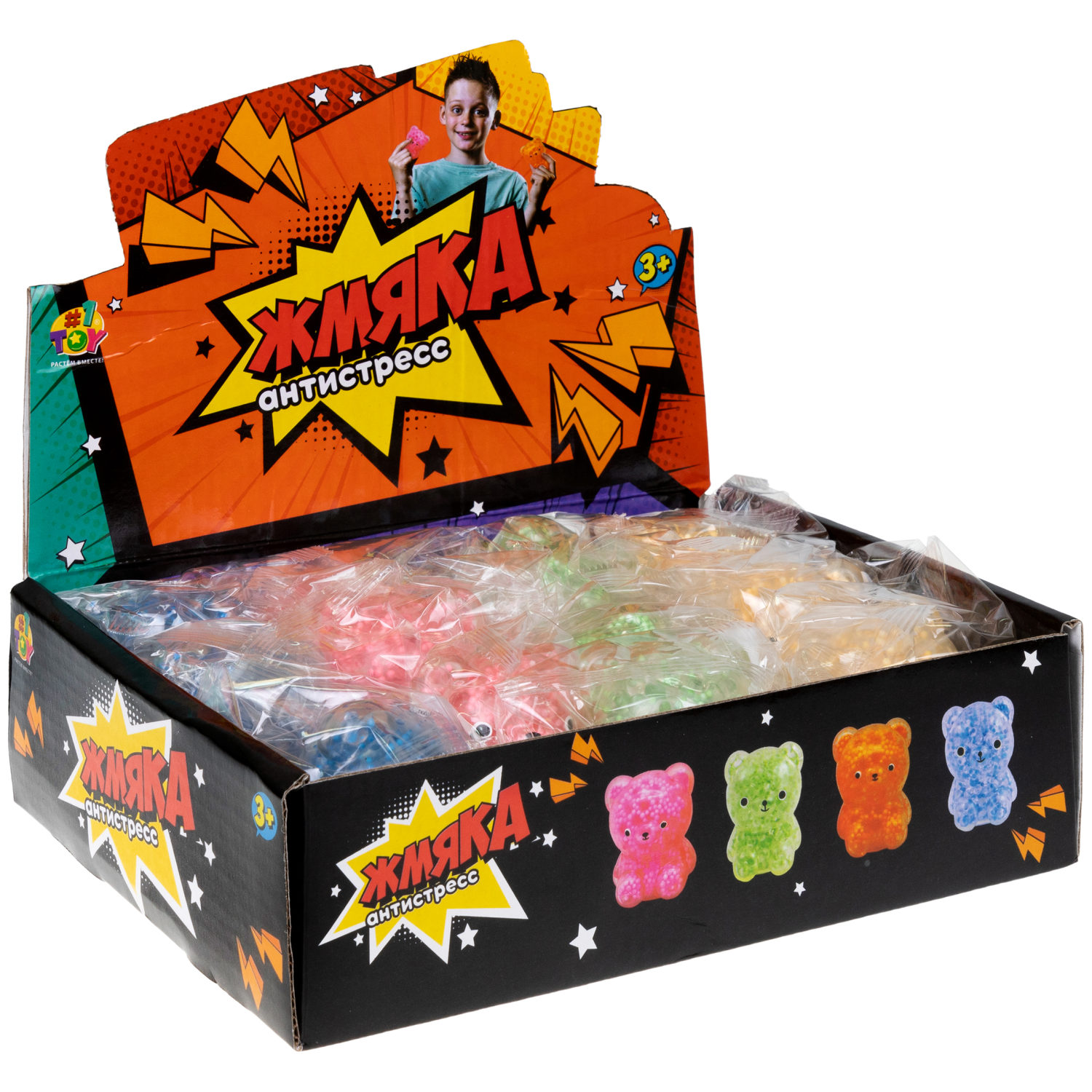 1toy Жмяка, "Медвежонок" с мелкими шариками 6х4,5х5 см, 4 вида в ассортименте