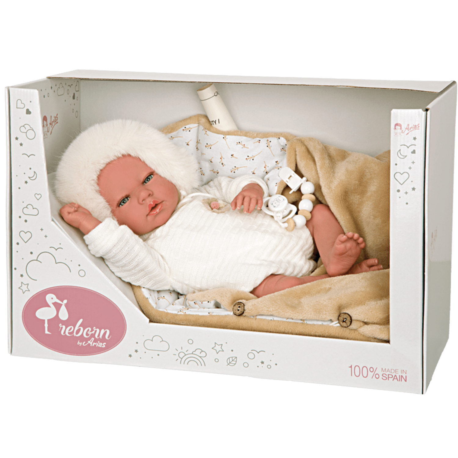 Arias Reborn Alejandra новорожденный пупс мягкий 40 см., с соской, с беж. одеялом, в коробке