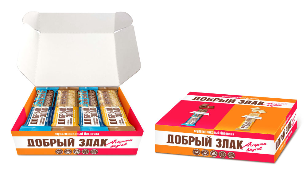 ДОБРЫЙ ЗЛАК Мультизлаковый батончик ассорти белый и молочный шоколад, 8 шт в дисплее, 152г х 24