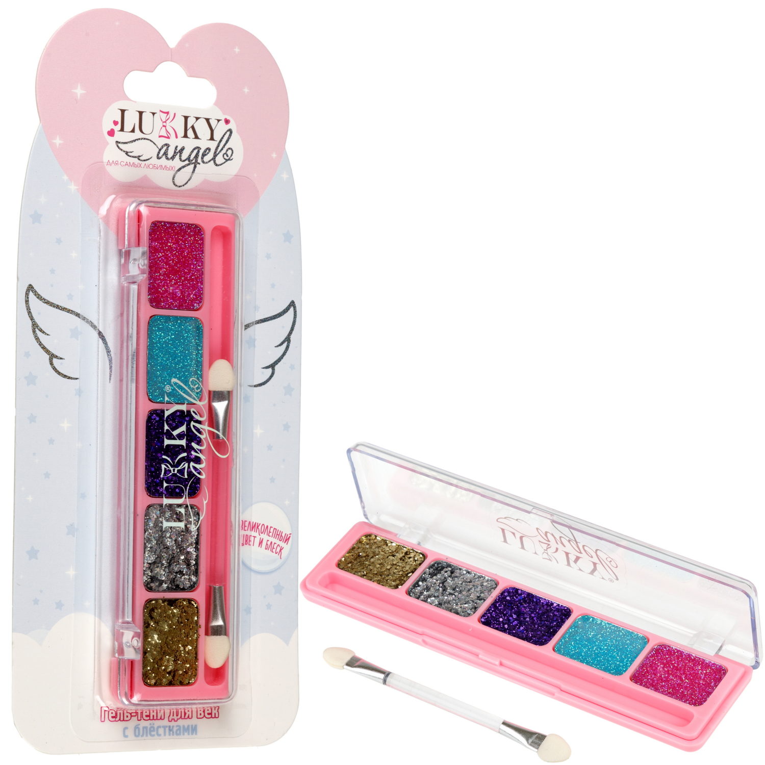 Гель-тени для век детские Lukky Angel, цвета: золотистый, серебристый,  фиолетовый, бирюзовый, розовый, 3 г