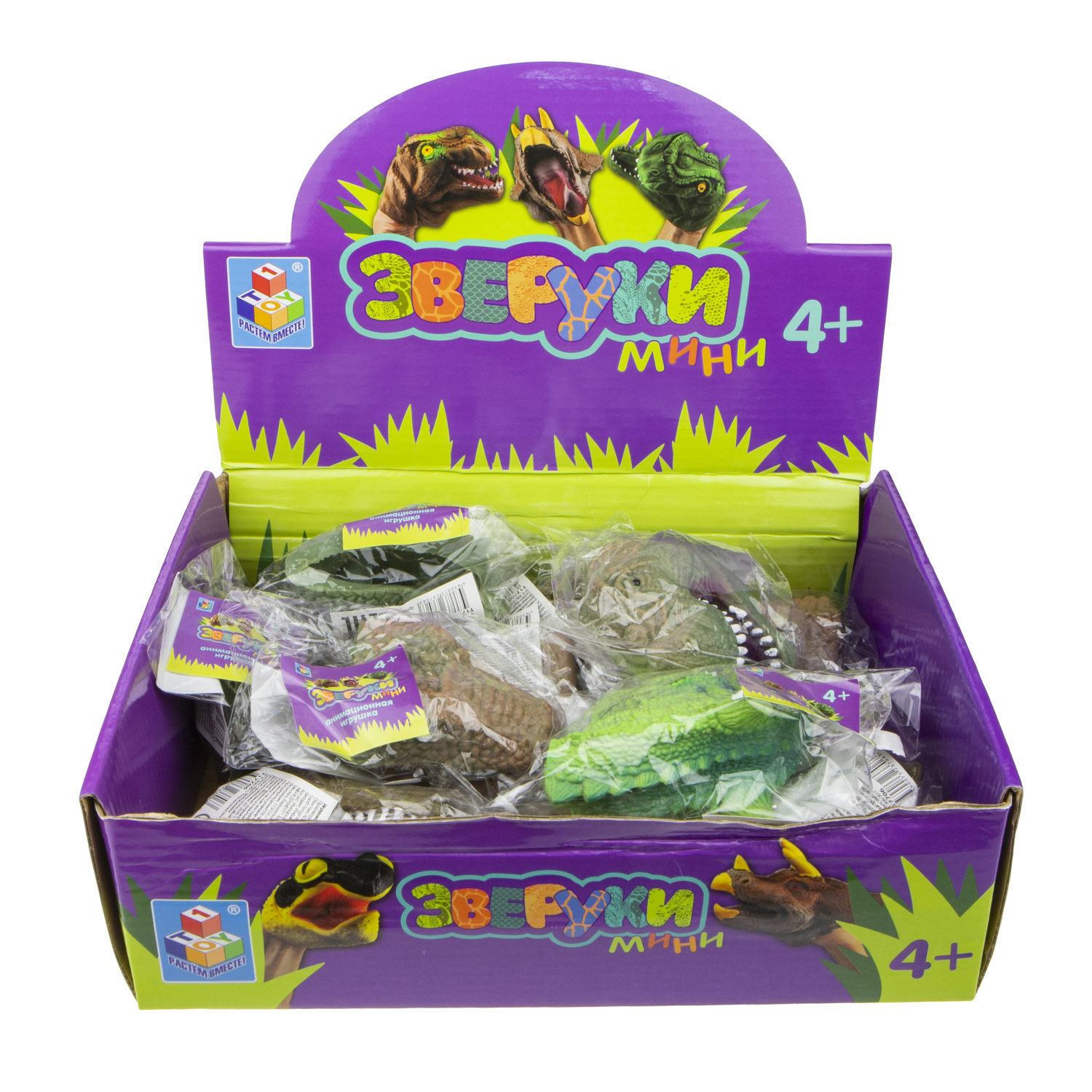1toy "Зверуки" мини динозавр на руку, 8см, 6 видов, 12 шт в д/б