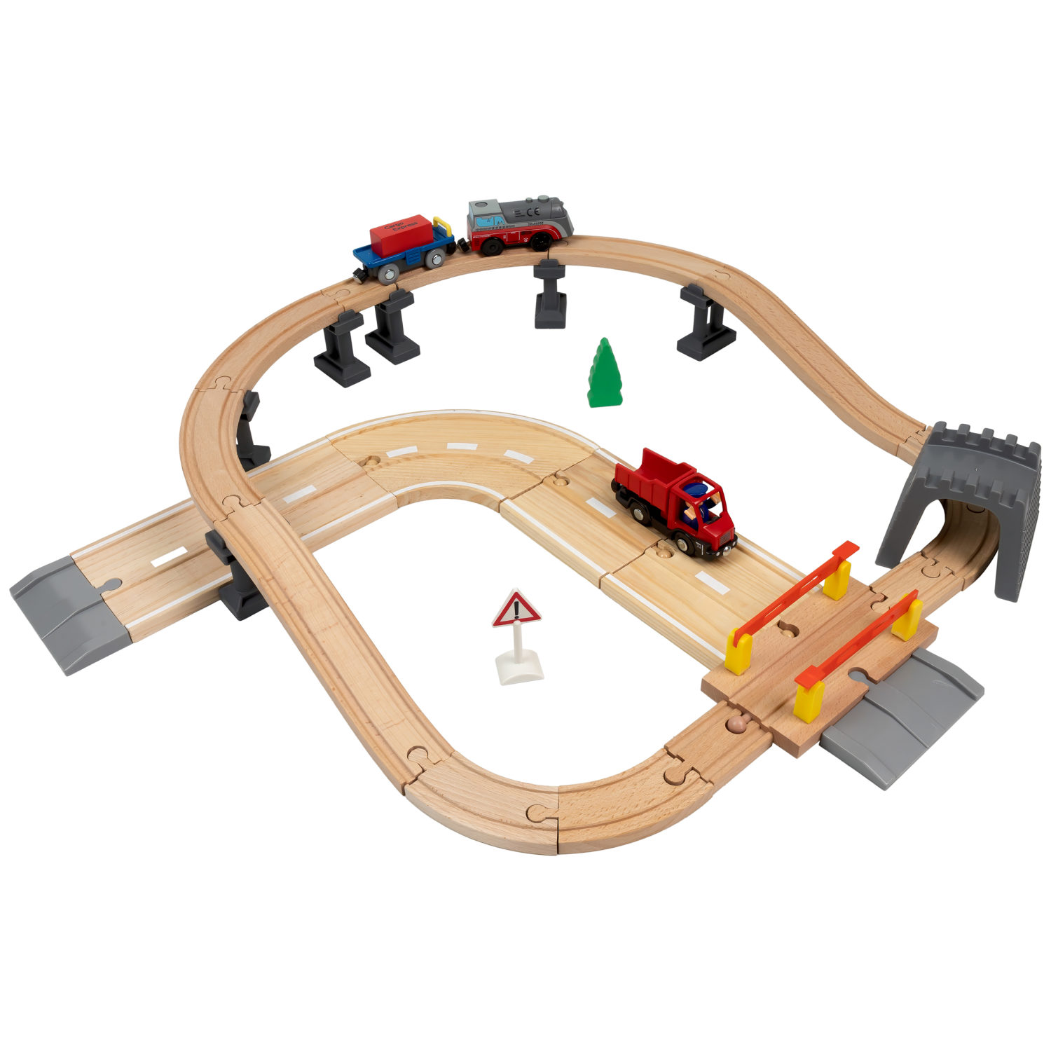 Деревянная железная дорога 1TOY GOODOK "Осторожо, переезд!" с электропоездом и аксессуарами, 35 деталей
