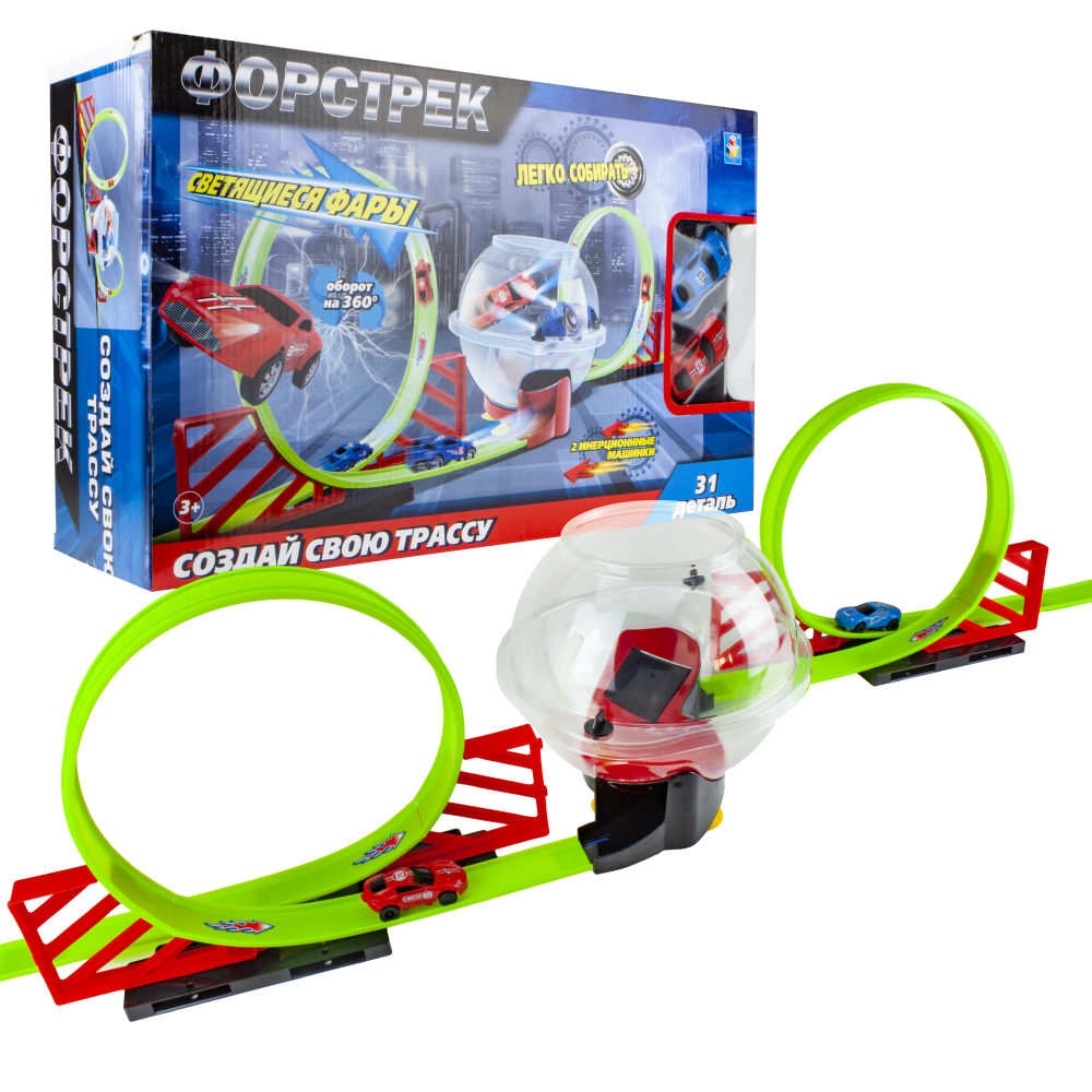 1TOY Форстрек автодром, в компл. 2 машинки инерц. со светом, сфера, 2 виража