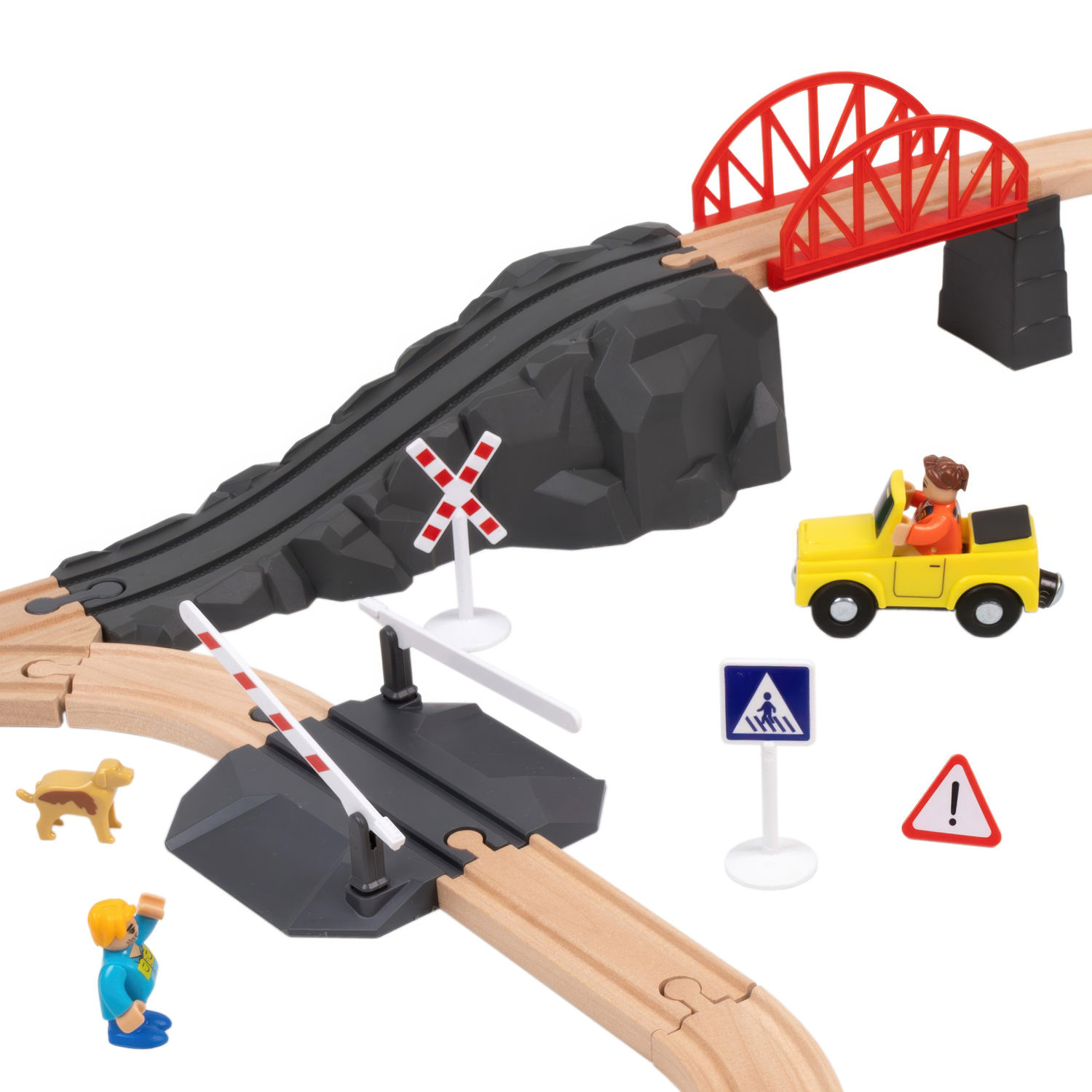 Деревянная железная дорога 1TOY GOODOK с электропоездом на пульте управления, 49 элементов