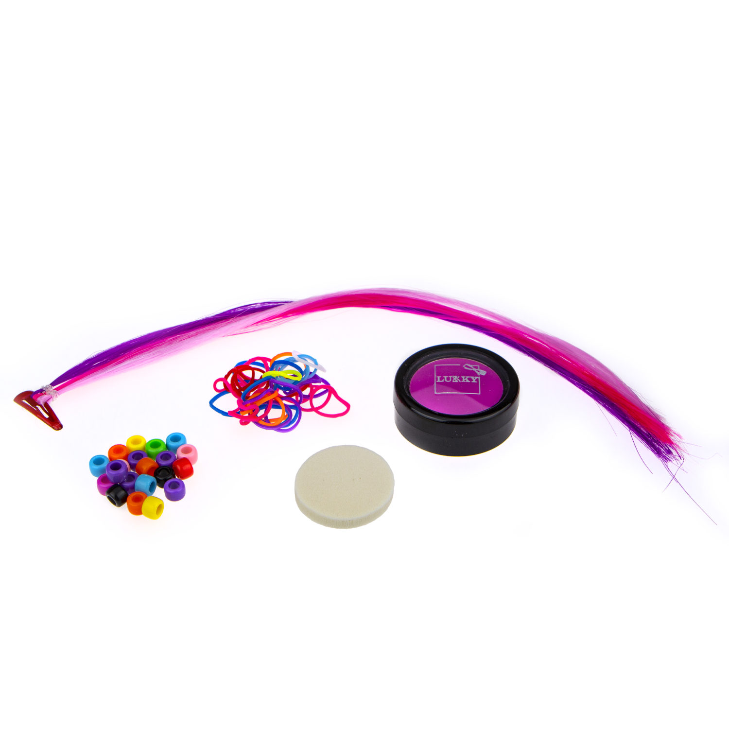 Набор для волос для девочек Lukky Дизайнер-Сет #2 с аксессуарами для прически, косичек: набор резинок, пудра для волос фуксия, цветные пряди на заколке