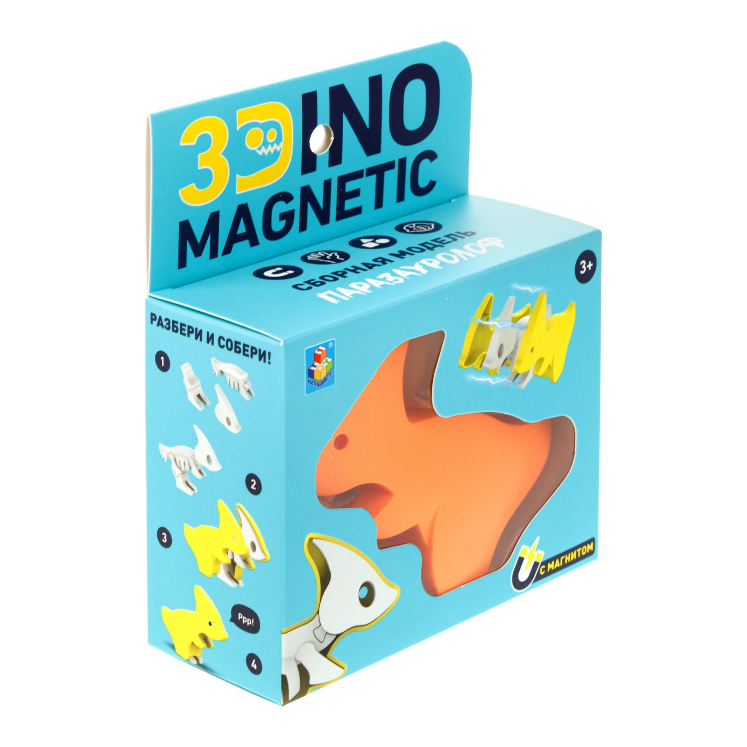 Игрушка динозавр 1TOY 3Dino Magnetic Паразауролоф, сборный, с магнитом, для развития моторики и сил рук, цвет в ассортименте 