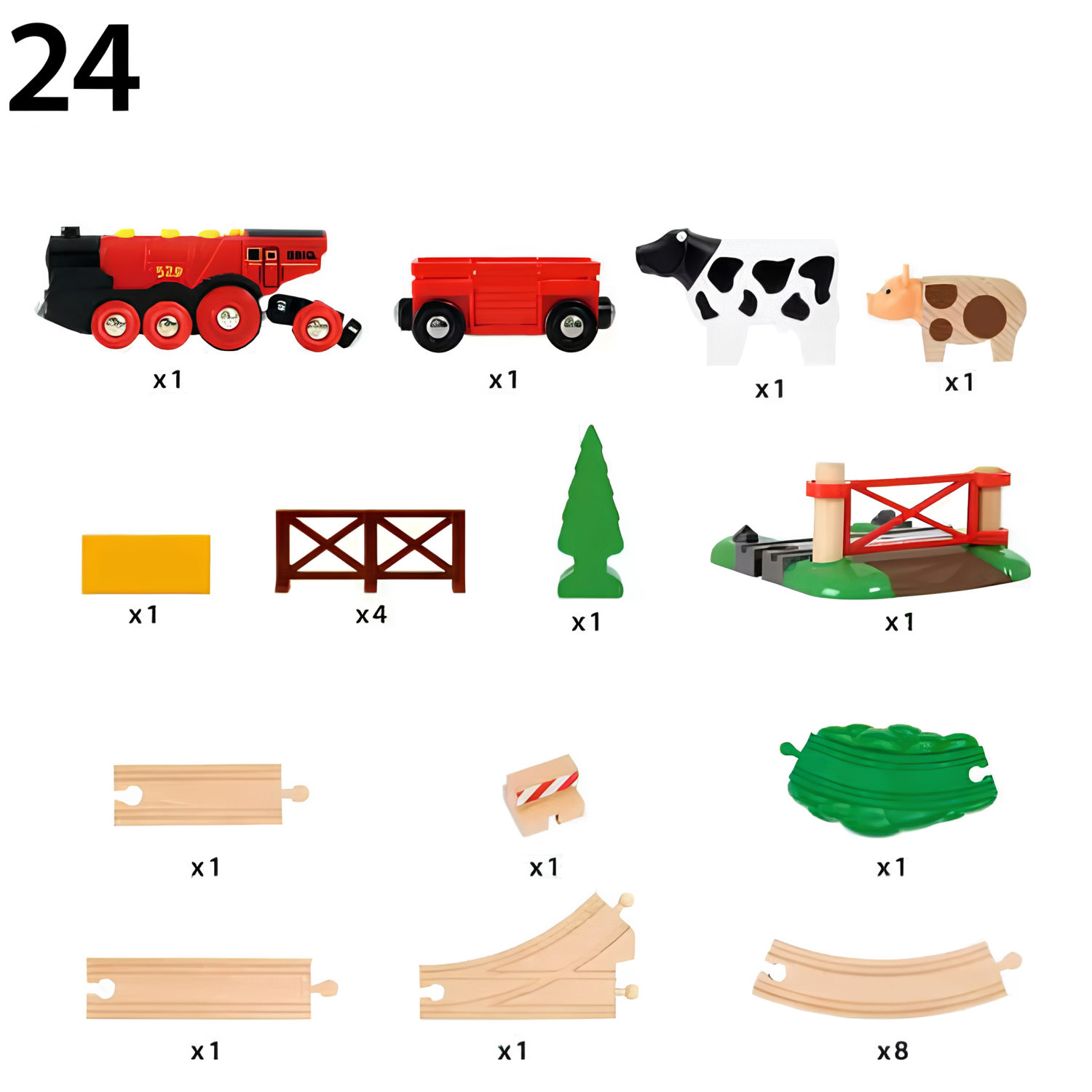 Деревянная железная дорога с электропоездом BRIO «Красный фермерский поезд», со светом и звуком, 24 элемента