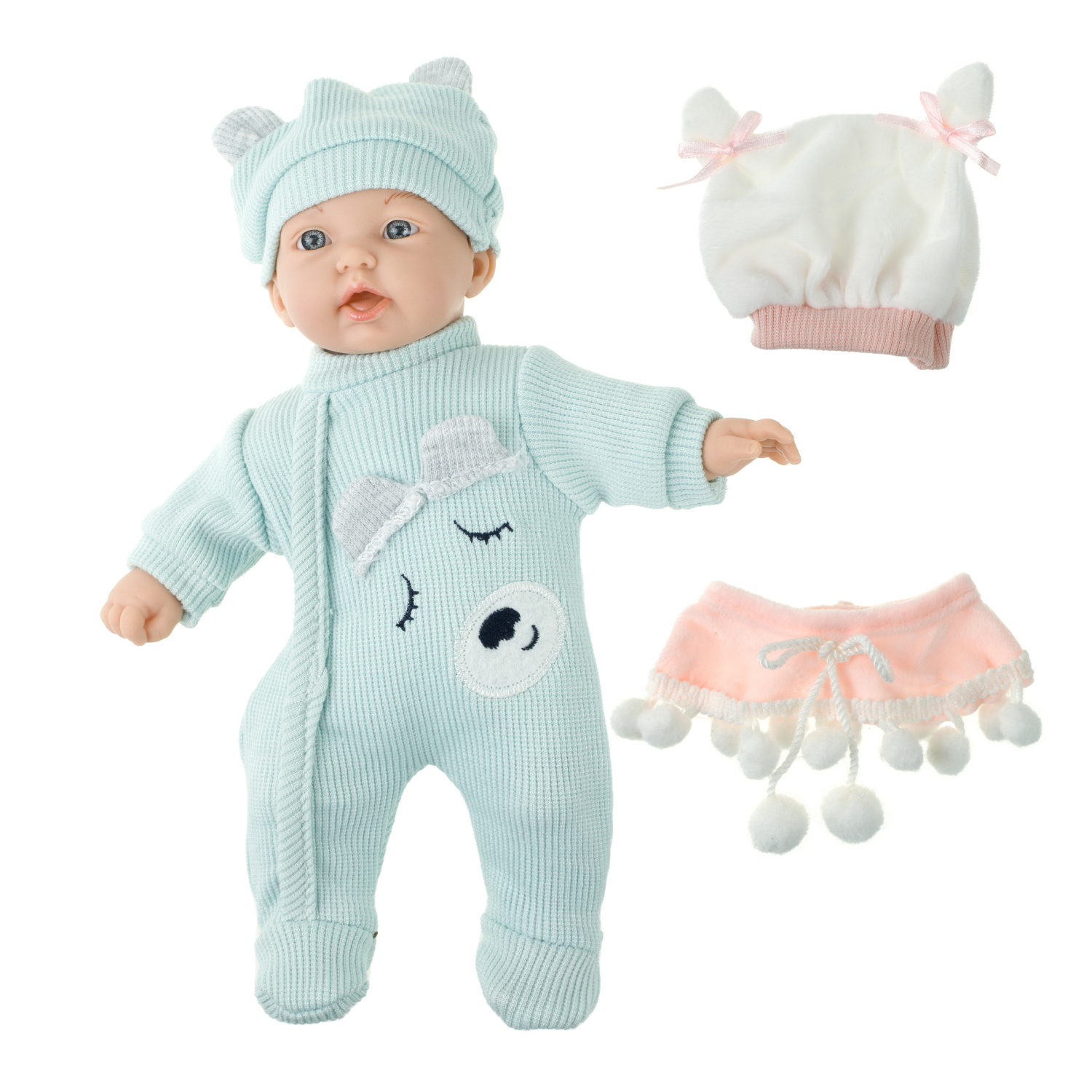 Пупс в голубом комбинезоне 28 см,с шапочкой и слюнявчиком