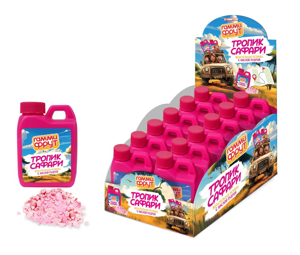 ГАММИ ФРУТ Тропик Сафари жевательная резинка с кислой пудрой в баночке, блок 12 шт. (55г х 12 х 6)