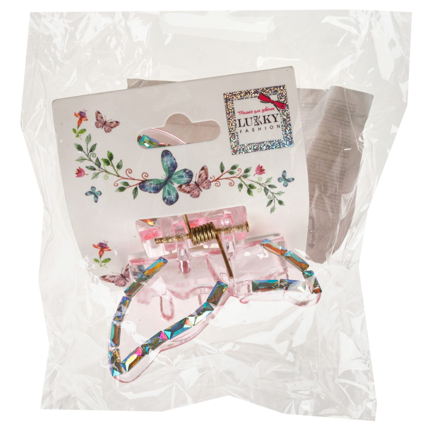 Lukky Fashion заколка-краб д.волос Бабочка Crystal с голограф.отделкой,4 цв.:золотой/розовый/малиновый/серебряный микс