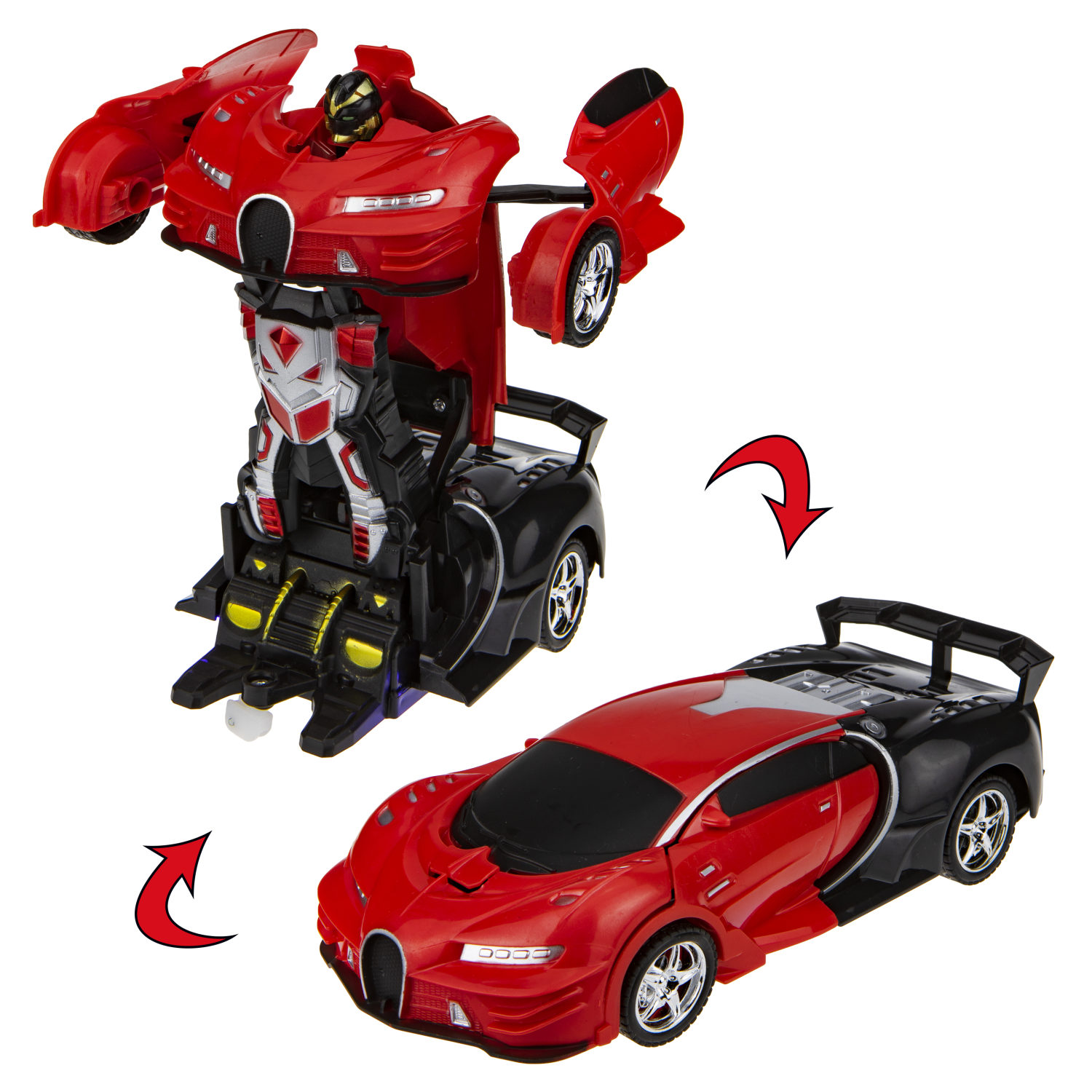 1TOY Трансботы, 1:18 на р/у 27МГц, трансформирующийся в легковую машину 20 см,, 2 цветра синий, красно-черный