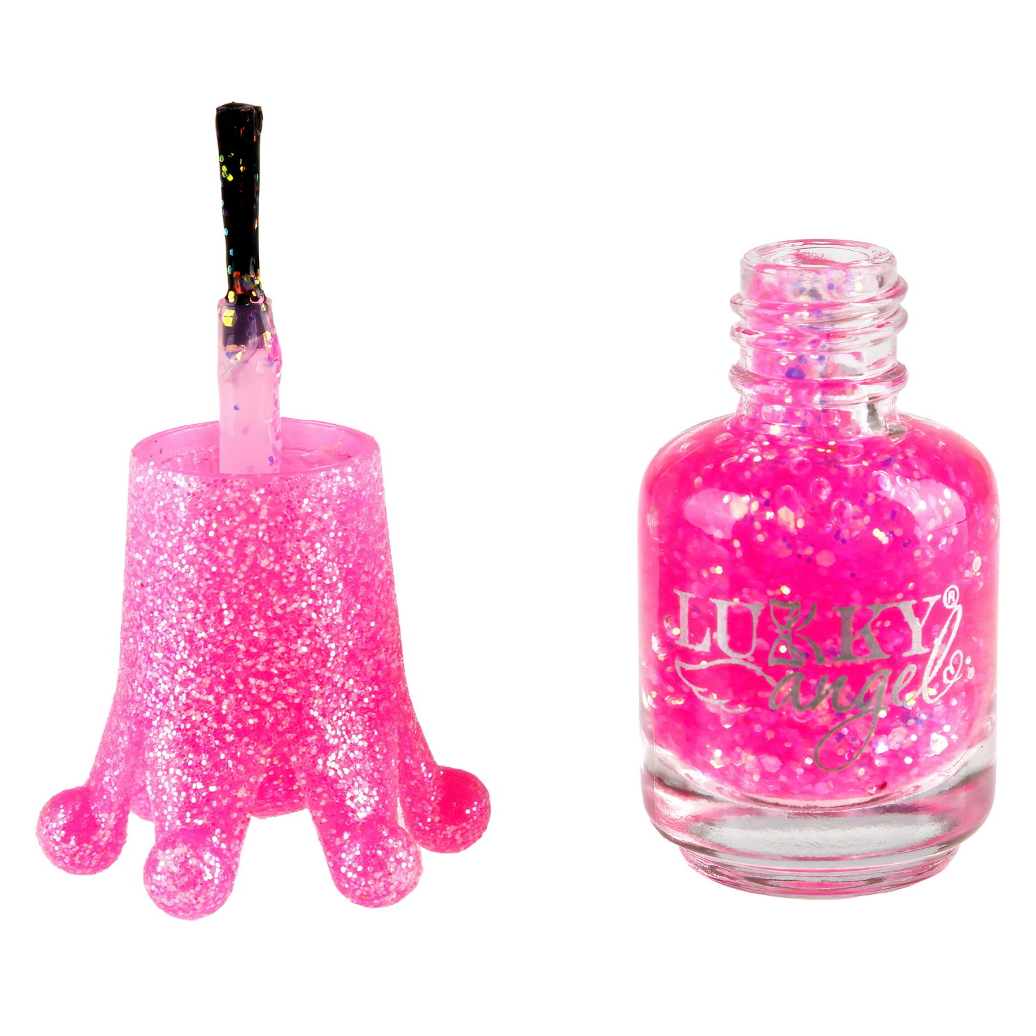 Lukky Angel Лак для ногтей Конфетти, смываемый водой, цвет ярко-розовый с блестками, с ароматом клубники, 5 ml, блистер