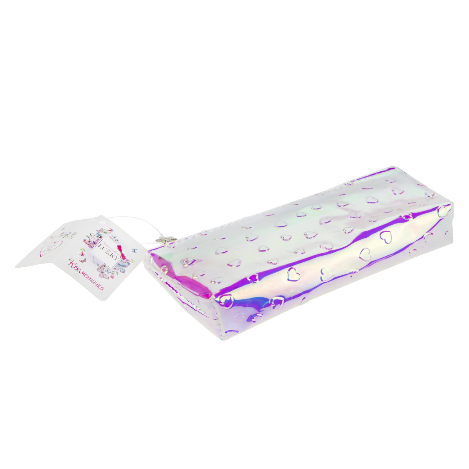 Пенал школьный, косметичка LUKKY для девочек, девушек, голографическая, с объемными сердечками, 19х8 см