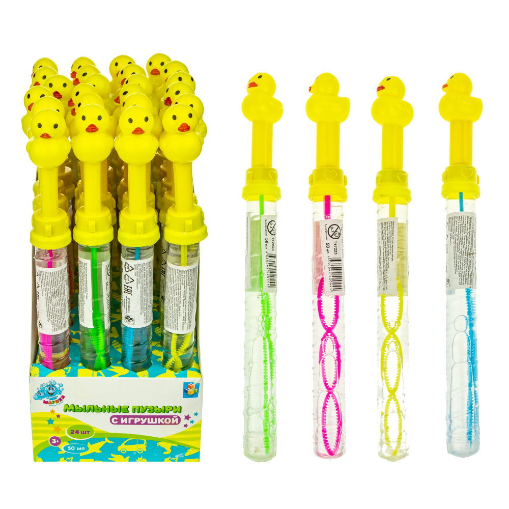 Мыльные пузыри с игрушкой 1TOY Мы-шарики! Уточка, 50 мл, 4 цвета в ассортименте