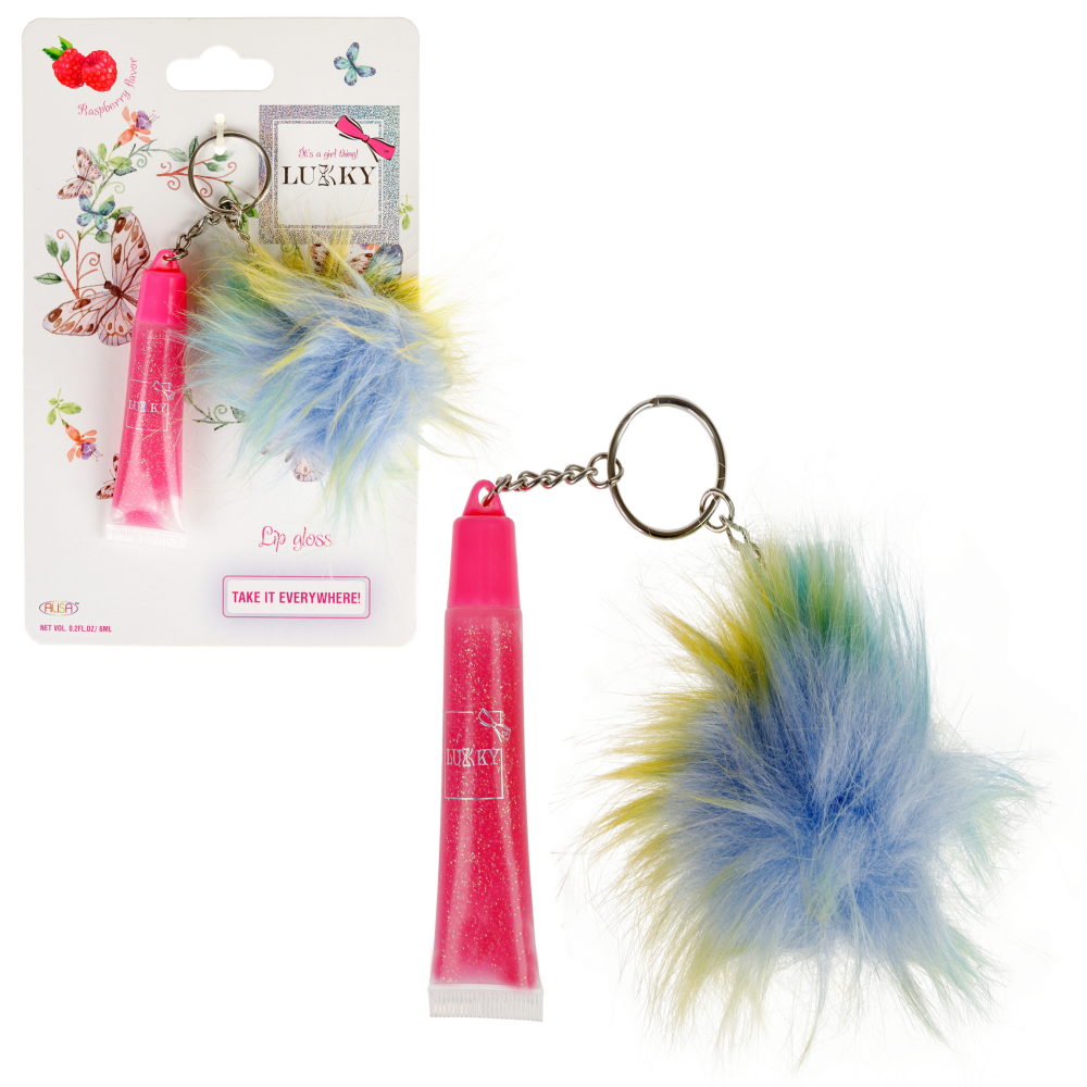 Блеск для губ LUKKY малиновый с блестками, розовый  6мл.+брелок