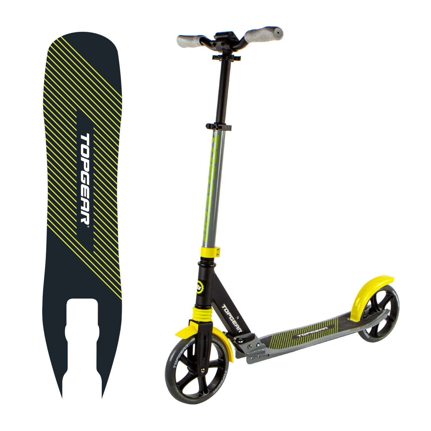 Самокат двухколесный TOPGEAR 200, с передним амортизатором, защитой руля и тормозом, для подростка, серый/желтый