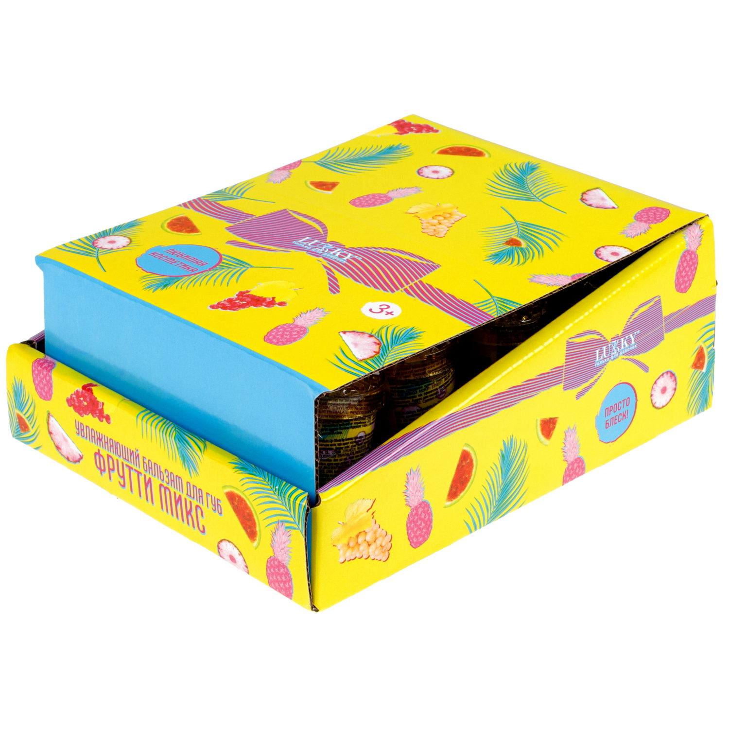 Lukky Фрутти Микс,бальзам д.губ увлажняющий,3,8г,12 шт дисплей бокс, 3 цвета в ассортименте