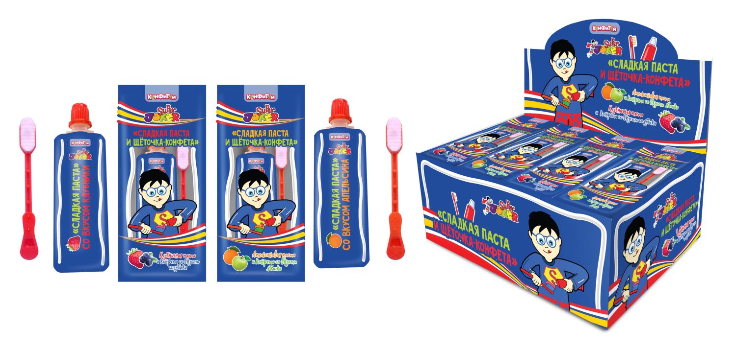 SUPER JOKER сладкая паста и щёточка-конфета, блок 30 шт. (13г х 30 х 20)