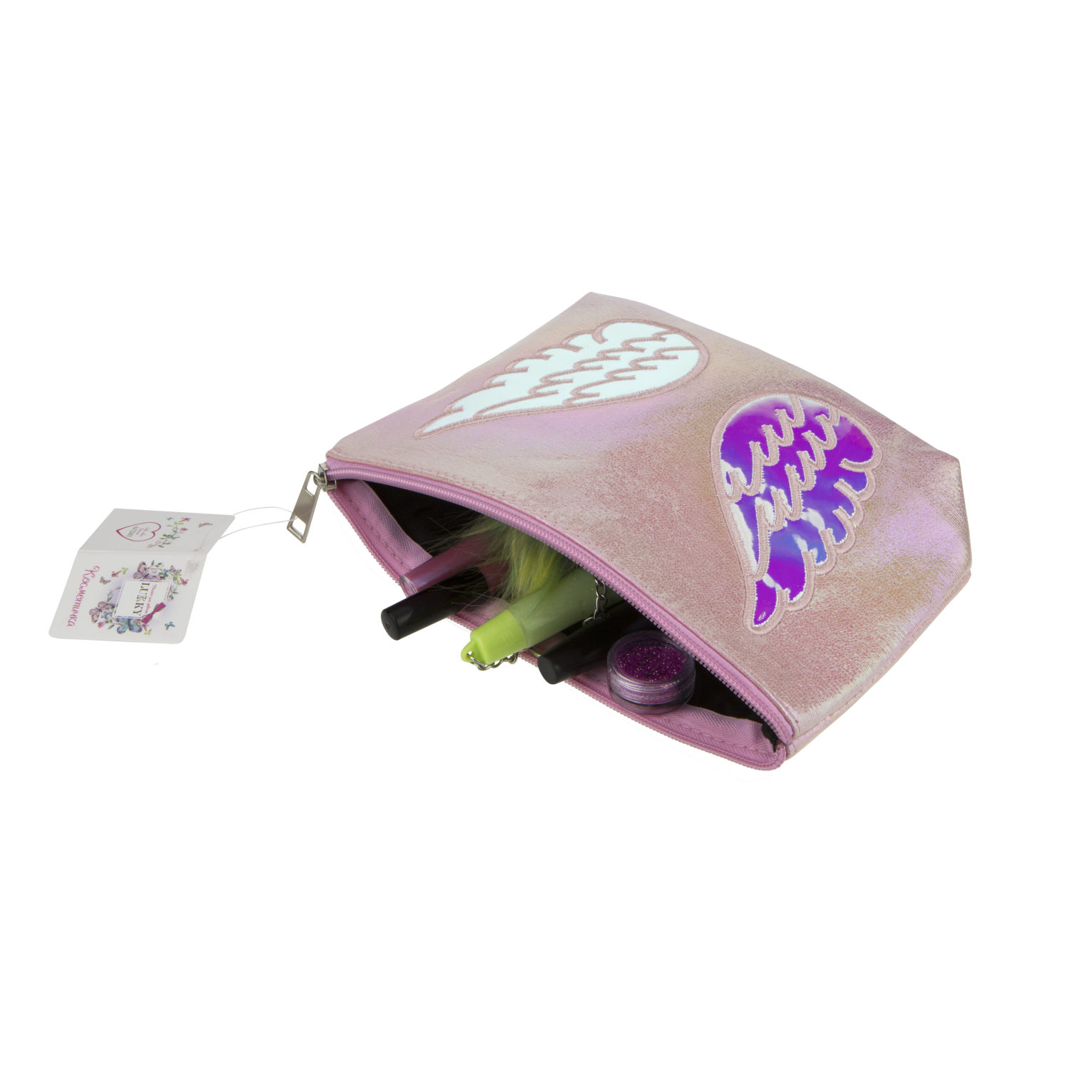 Пенал школьный, косметичка LUKKY для девочек, девушек, нежно-розовая с аппликацией Ангел, 22х13 см