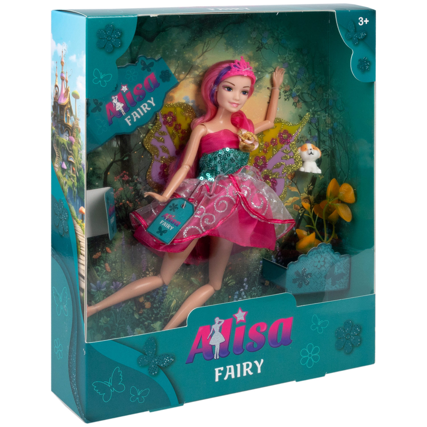 Кукла Alisa Fairy Фея с фиолетовой прядью, крыльями, цветами и щенком, 29 см