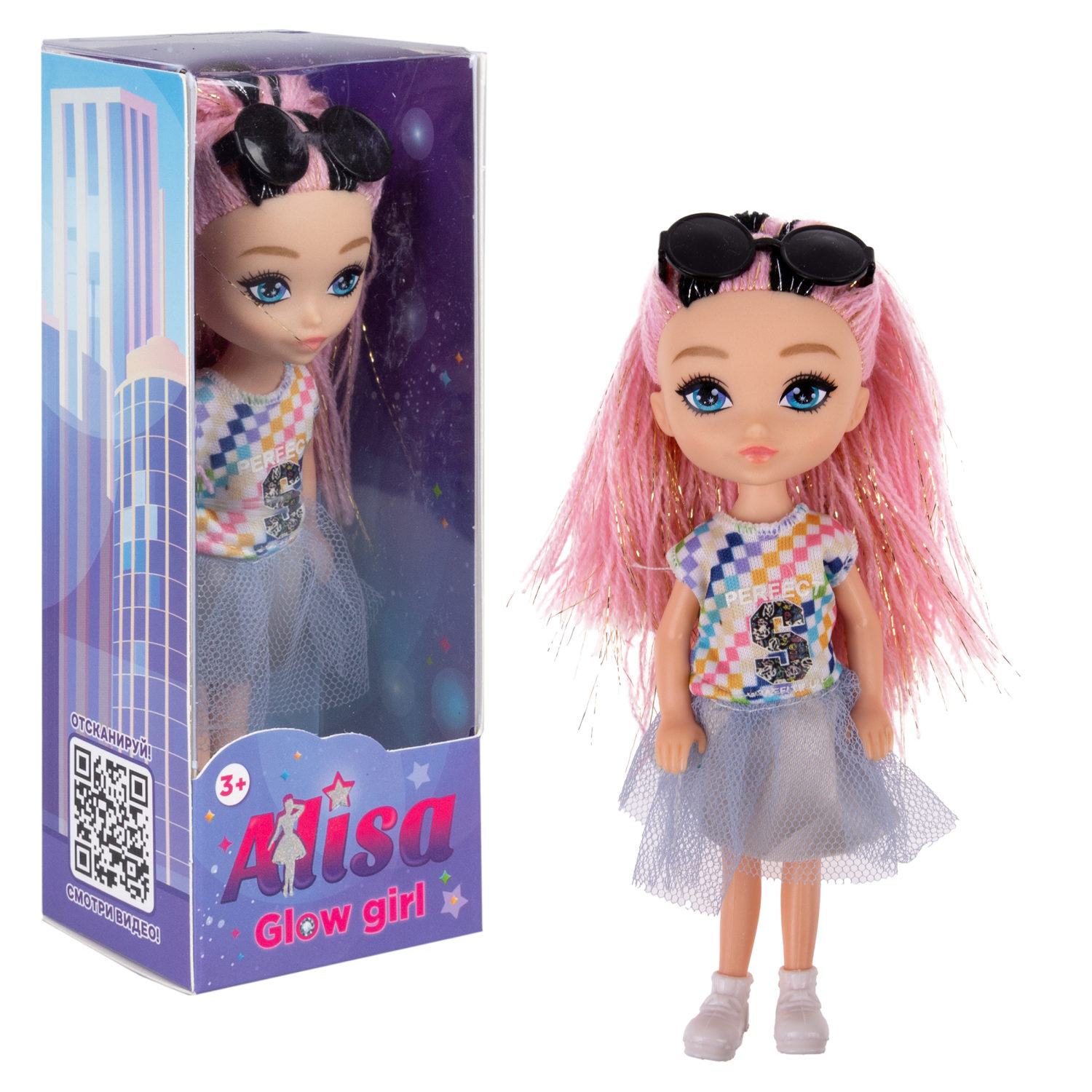 Кукла 1TOY ALISA GLOW GIRL, с яркими волосами, в серой юбке, 15 см