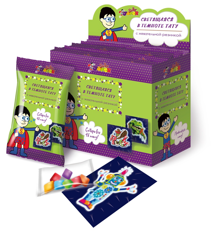 SUPER JOKER жевательная резинка со светящейся тату, блок 48 шт. (2г х 48 х 12)