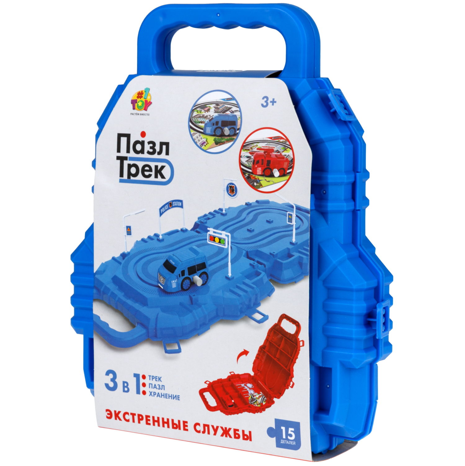 1toy игровой набор пазл-трек "Экстренные службы" с машинкой, 2 вида, в контейнере, 15 деталей