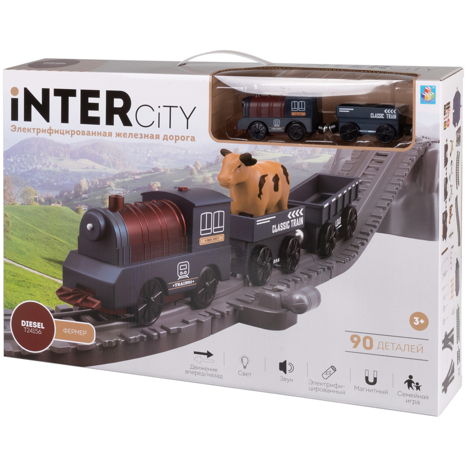 Детская железная дорога с электропоездом 1TOY InterCity, со светом, звуком, паровоз на рельсах, в подарочном наборе, 90 деталей